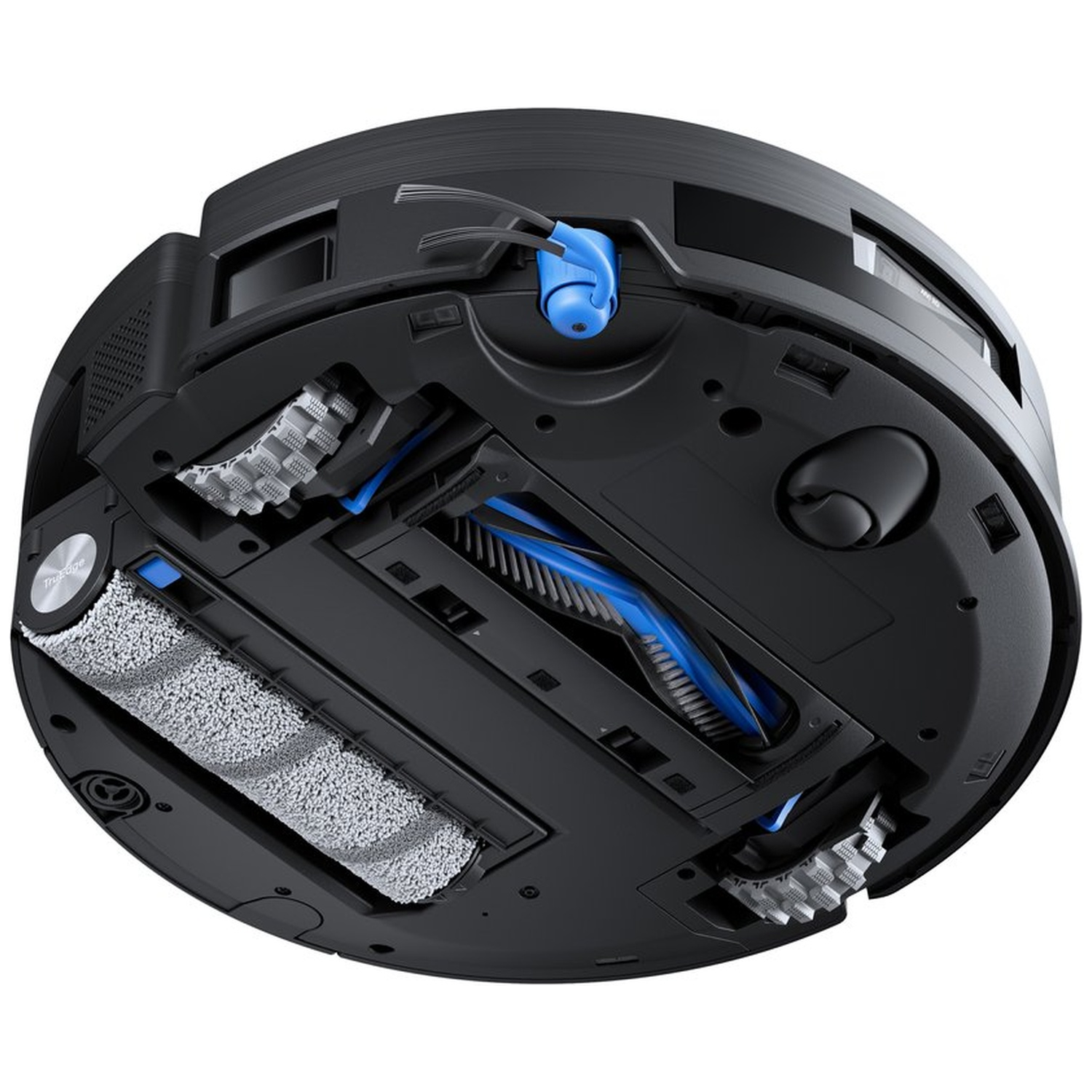 Close-up of a black robot vacuum cleaner. It has a round shape, brushes, and blue accents. The underside is visible.