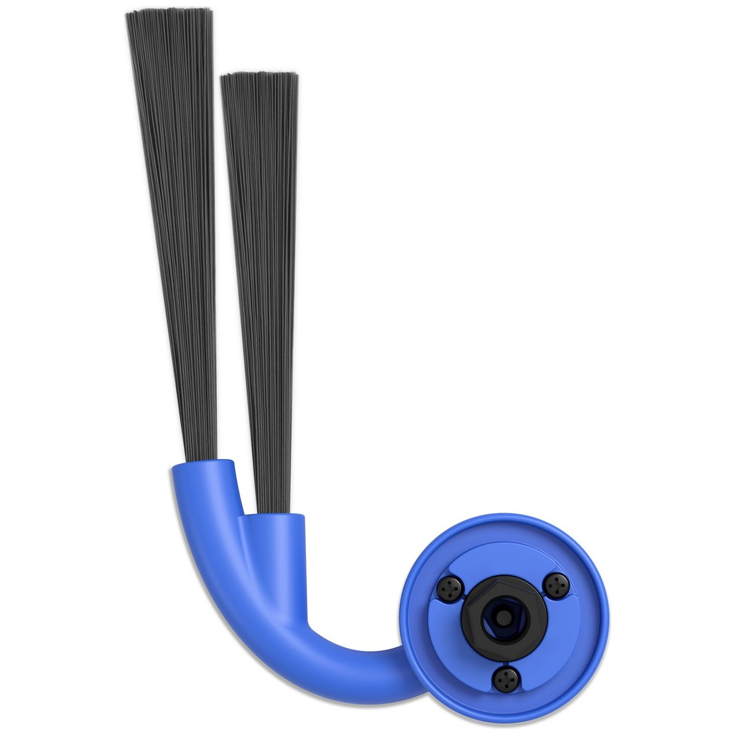 A blue vacuum cleaner part with two black brush heads and a circular base with screws.