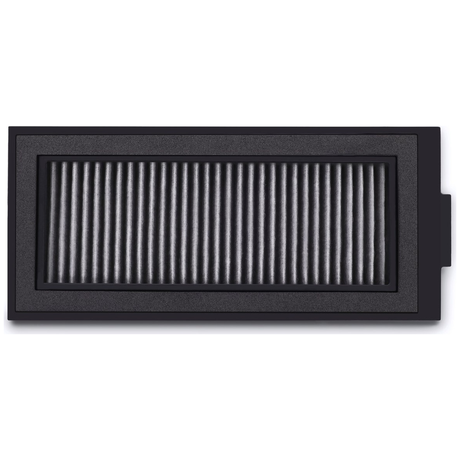 A rectangular air filter with a black frame. Inside are vertical, corrugated gray filter elements. The filter is on a white background.