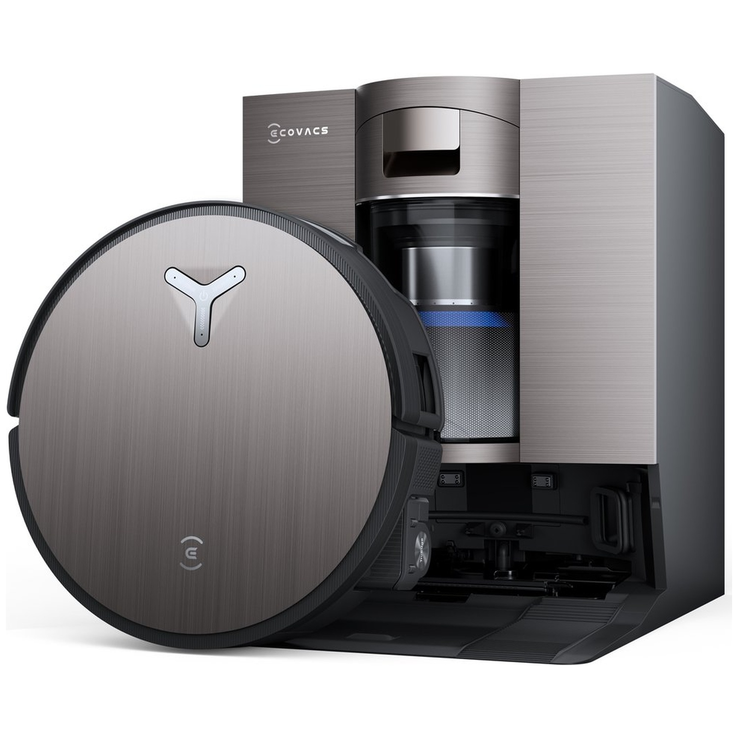 A robot vacuum cleaner and its charging station. The vacuum is metallic gray, round, and has the brand logo. The station is also gray.