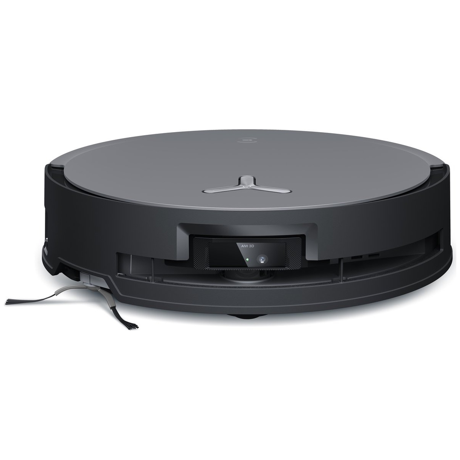 A black and gray robot vacuum cleaner. It has a round shape with a gray top, black base, and brushes in the front.