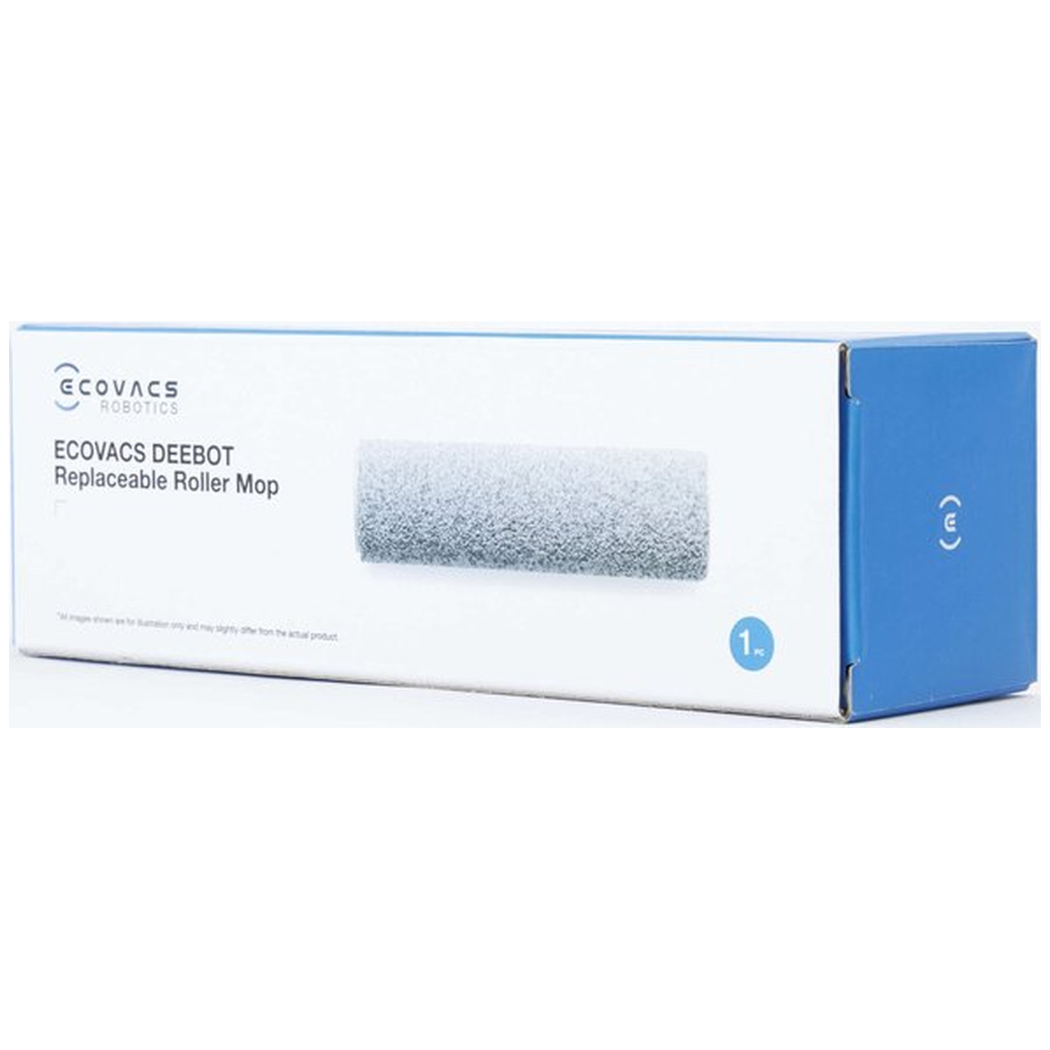 Box for ECOVACS DEEBOT Replaceable Roller Mop. It's white with blue accents. The box contains a roller mop. The logo is visible.