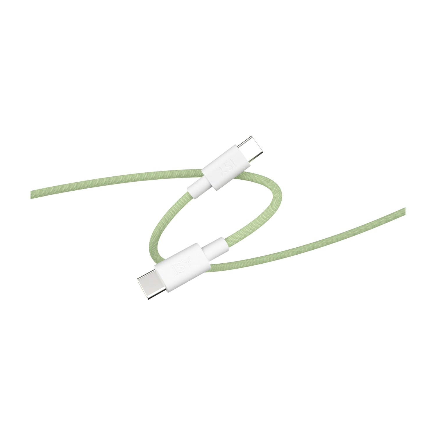 Un cavo di ricarica USB-C verde chiaro con connettori bianchi. Il cavo è su sfondo bianco, arrotolato.