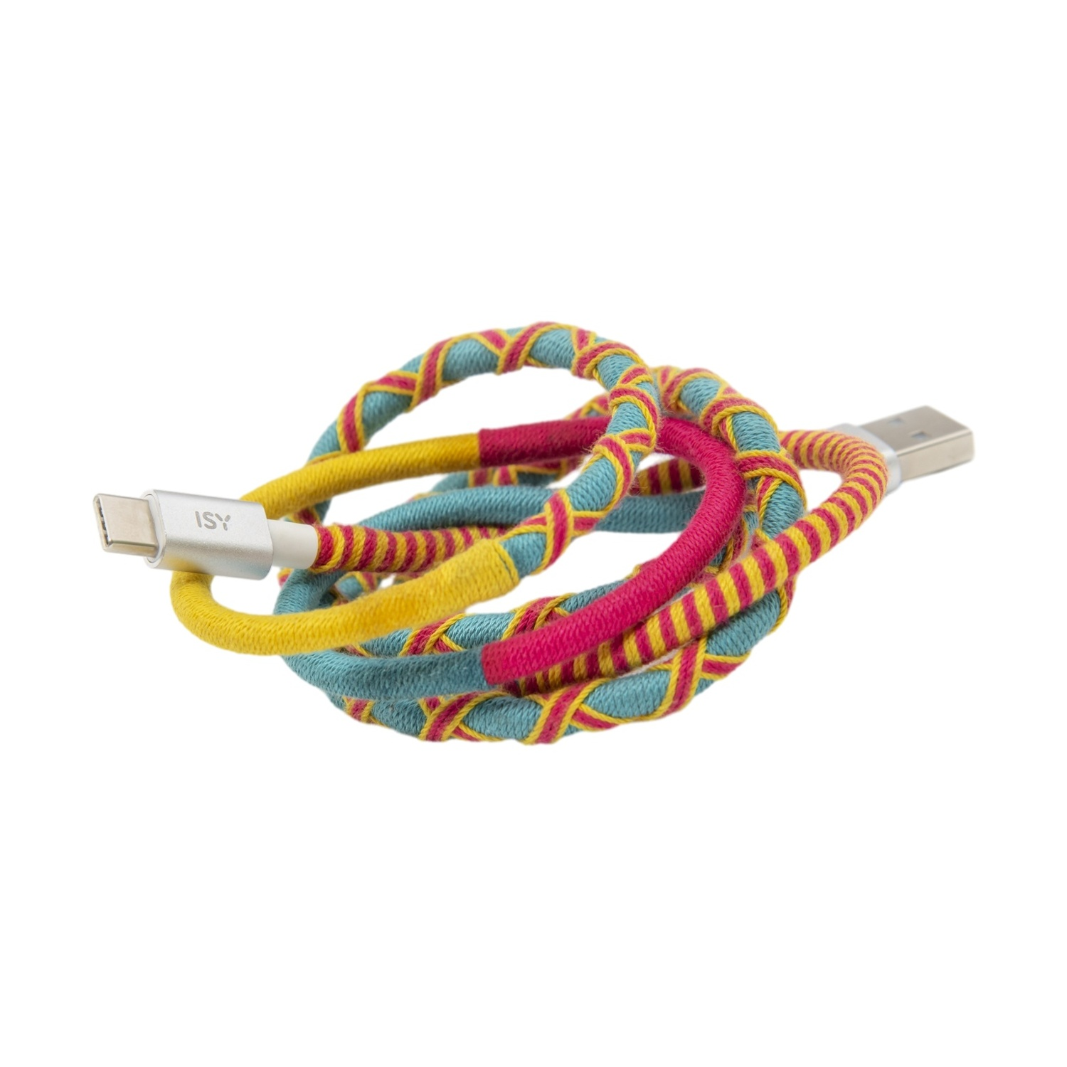 Cavo di ricarica USB colorato con design intrecciato in blu, giallo e rosa, su sfondo bianco. I connettori sono argentati.