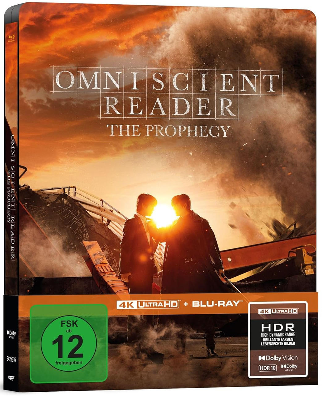Blu-ray-Cover: Zwei Männer in Anzügen stehen sich gegenüber, helles Licht zwischen ihnen. Titel: Omniscient Reader. Hintergrund: feuriger Himmel.
