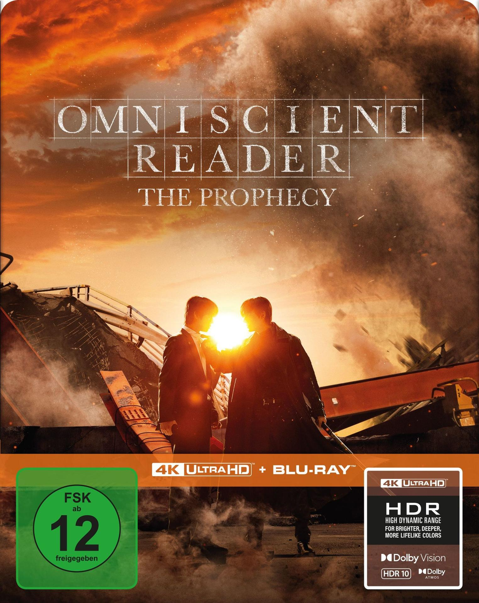Blu-ray-Cover mit zwei Personen in einer feurigen Szene. Text: Omniscient Reader, The Prophecy. Enthält Bewertungen und HDR-Details.
