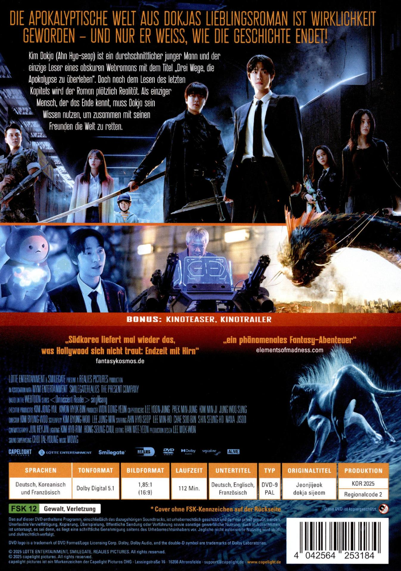 Filmposter mit koreanischem Text. Zeigt Schauspieler und eine Fantasieszene, Text auf Deutsch.