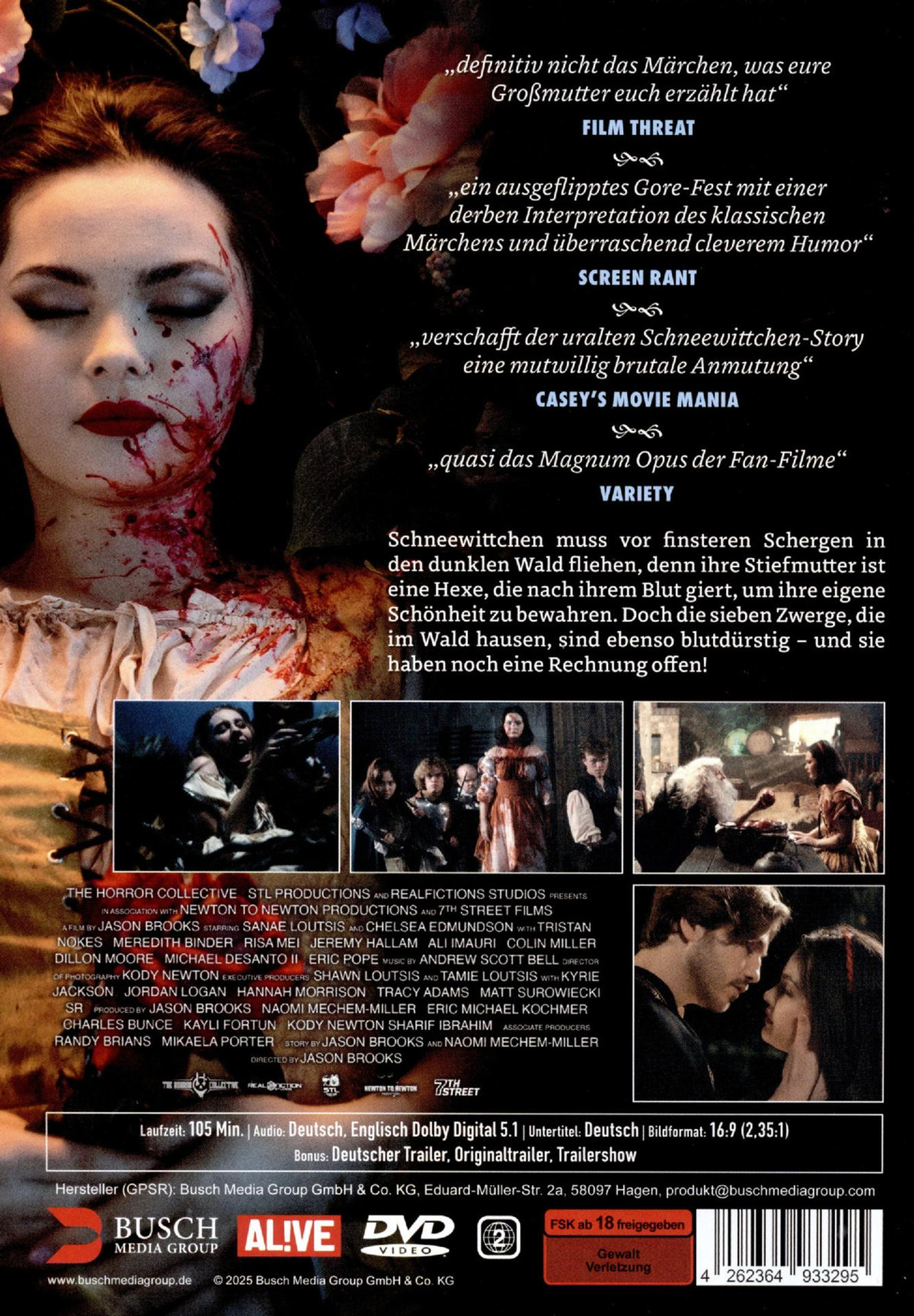 DVD-Cover. Eine Frau mit Blut im Gesicht. Text auf Deutsch über einen Film mit dem Titel Film Threat und Schneewittchen.