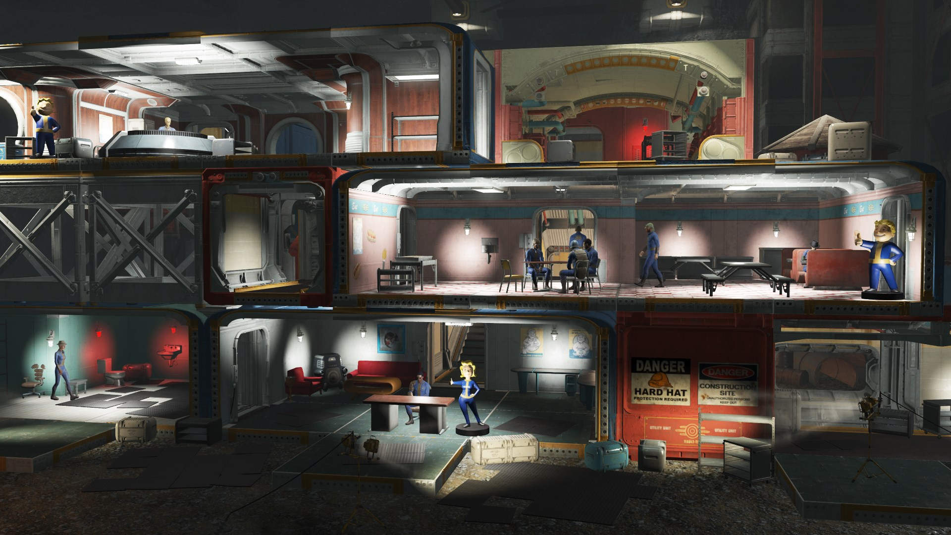 Un corte transversal de un edificio con múltiples habitaciones. Hay personas y figuras de Vault Boy. Algunas habitaciones tienen muebles y decoración.