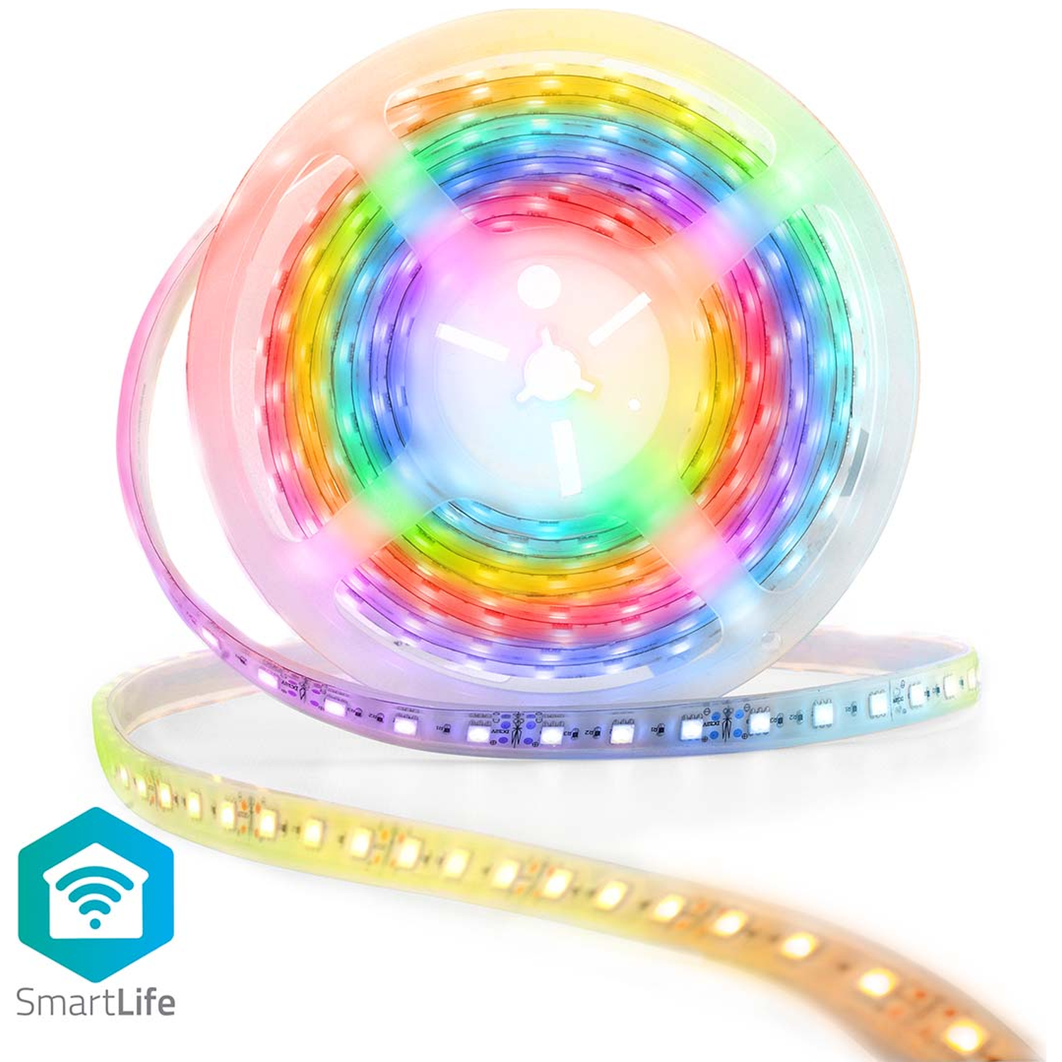 A roll of colorful LED strip lights. The colors include red, orange, yellow, green, blue, and purple. SmartLife logo is at the bottom.