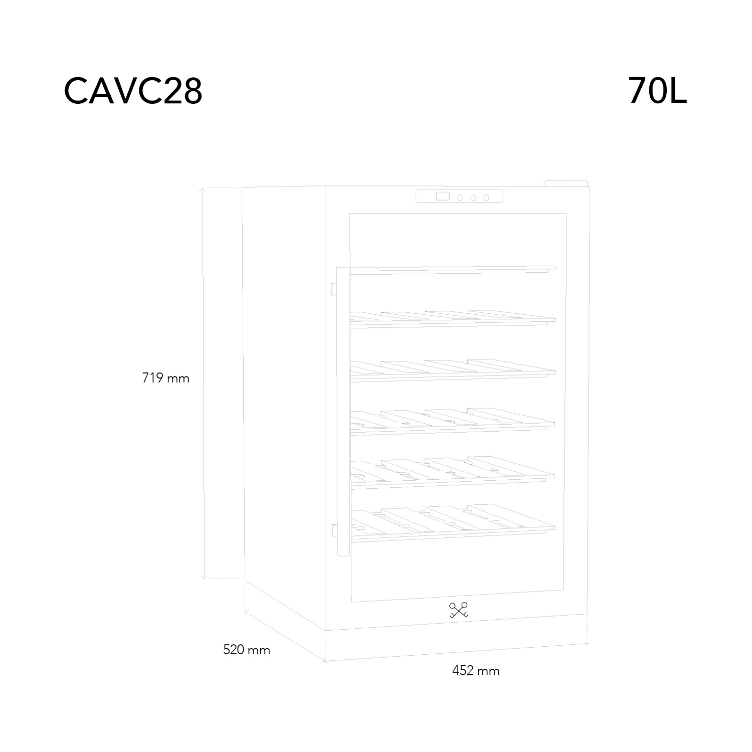 Un disegno a tratto di una cantinetta. Ha dimensioni etichettate, con 'CAVC28' e '70L' scritti in alto.