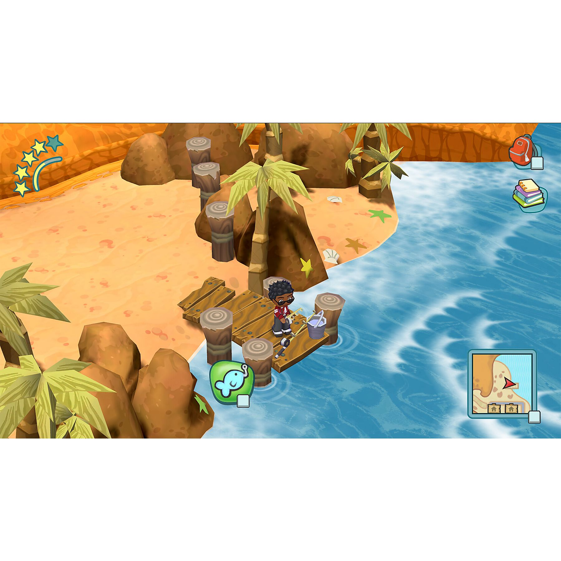 Una persona pesca en un muelle junto al mar. Se ven palmeras, arena, rocas e iconos del juego.