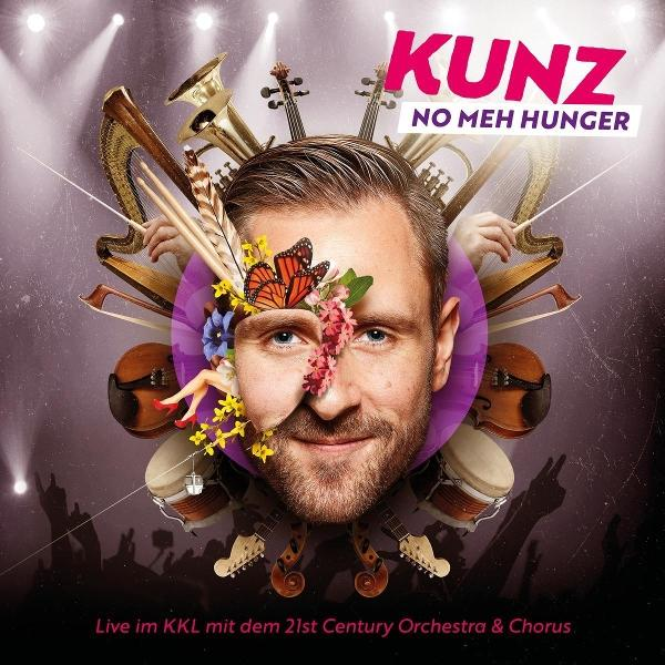 Poster für ein Kunz-Konzert. Gesicht eines Mannes mit Musikinstrumenten und Blumen. Lila Hintergrund mit Text 'KUNZ NO MEH HUNGER'.