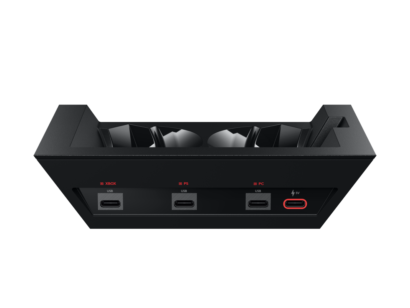 Xbox, PS ve PC için siyah şarj istasyonu. USB bağlantı noktaları ve 5V bağlantı noktası vardır. Üst kısımda iki yuva bulunur. Etiketler kırmızıdır.