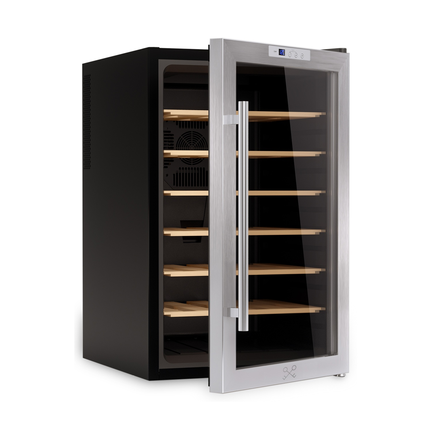 Un refrigeratore per vino con la porta aperta, che mostra ripiani in legno all'interno. Il refrigeratore è nero a sinistra, argento a destra e ha una porta di vetro.
