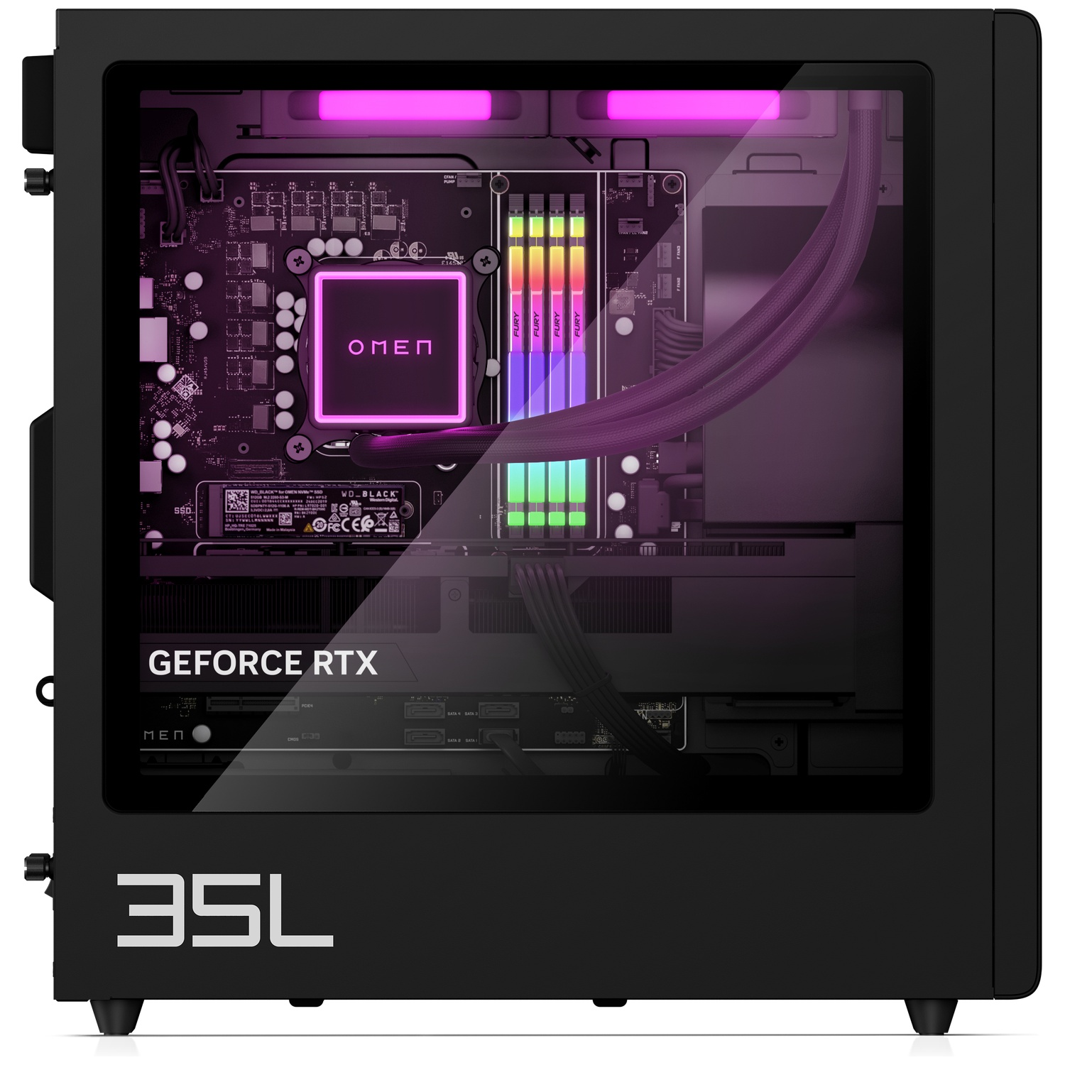 Black computer case with a glass side panel revealing internal components like a motherboard, graphics card, and liquid cooling system.