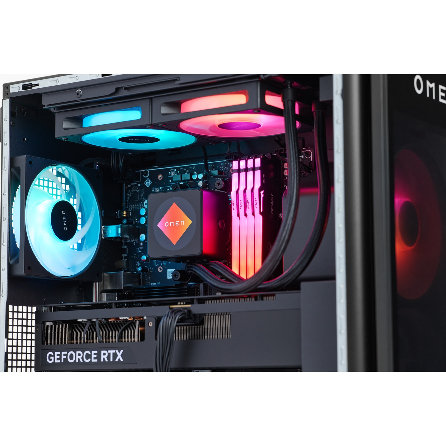 Inside a computer case, fans with blue and red lights, a GeForce RTX graphics card, and OMEN branding are visible.