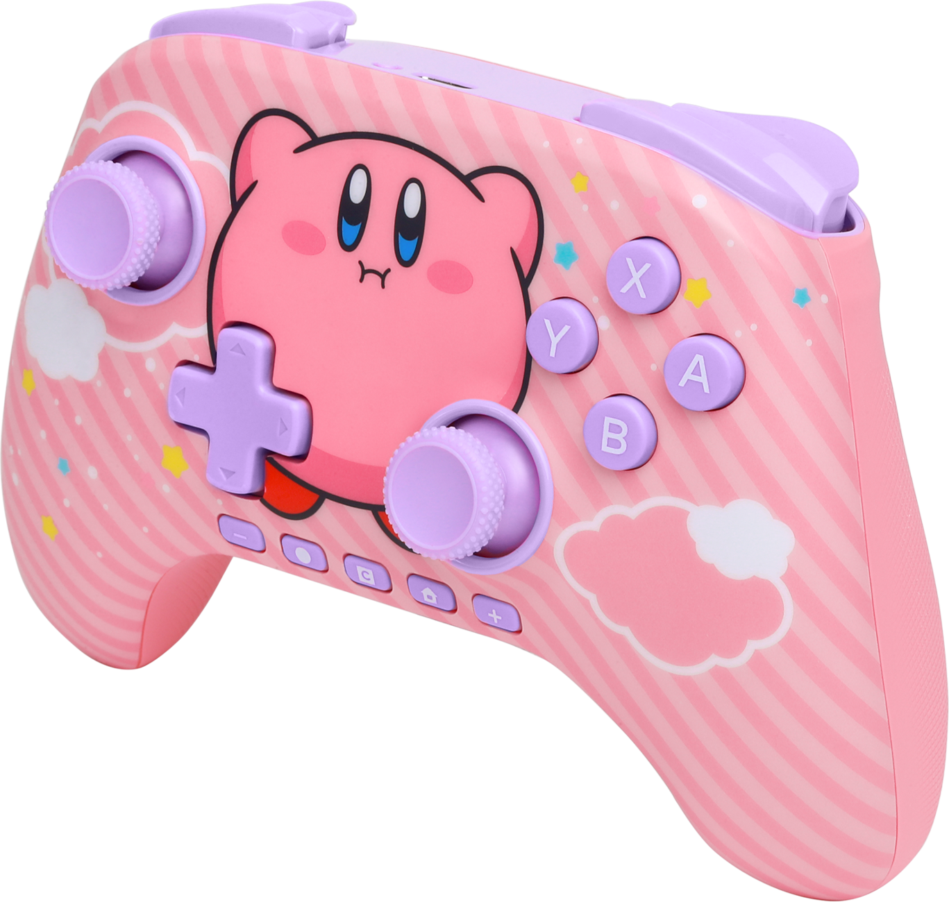 Rózsaszín és lila Kirby témájú játékvezérlő. Kirby karakterrel, gombokkal és joystickkal. A dizájn csillagokat és felhőket tartalmaz.