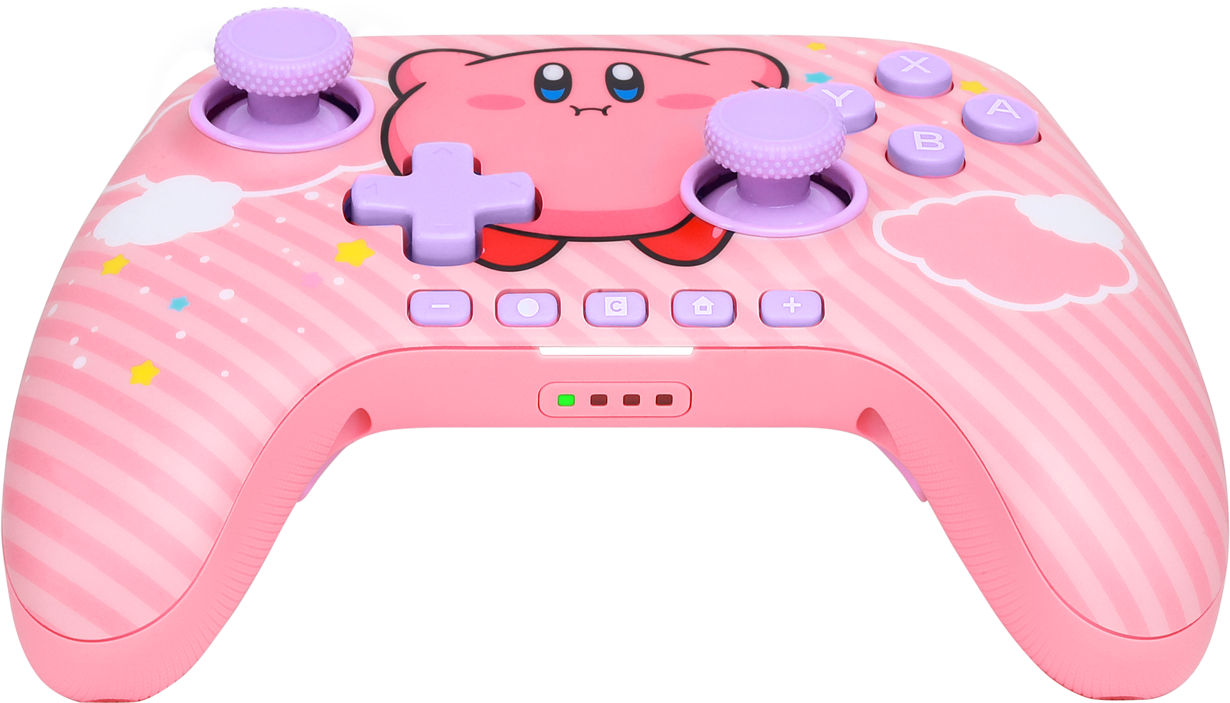 Rózsaszín Nintendo Switch vezérlő. Kirby dizájn, gombok, botok és D-pad. Rózsaszín-fehér csíkos háttér.