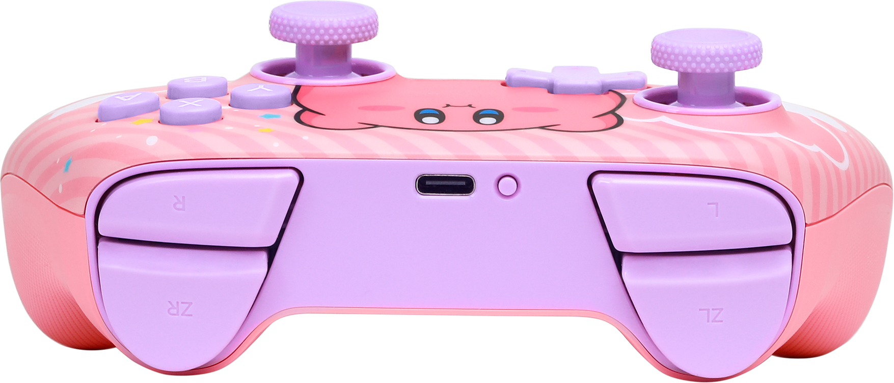 Rózsaszín-lila játékvezérlő Kirby dizájnnal. Gombok, joystickek és USB-C port található rajta.
