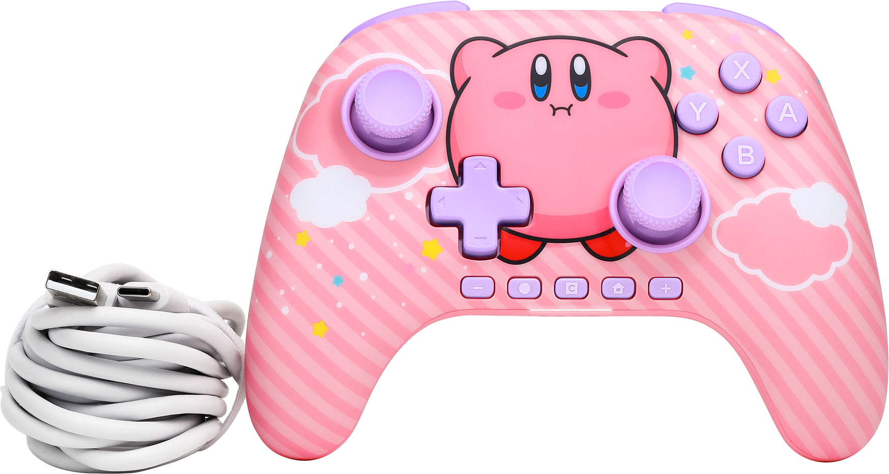 Rózsaszín Kirby-játékvezérlő feltekert fehér USB-kábellel. A vezérlőn gombok, egy D-pad és Kirby arca látható.