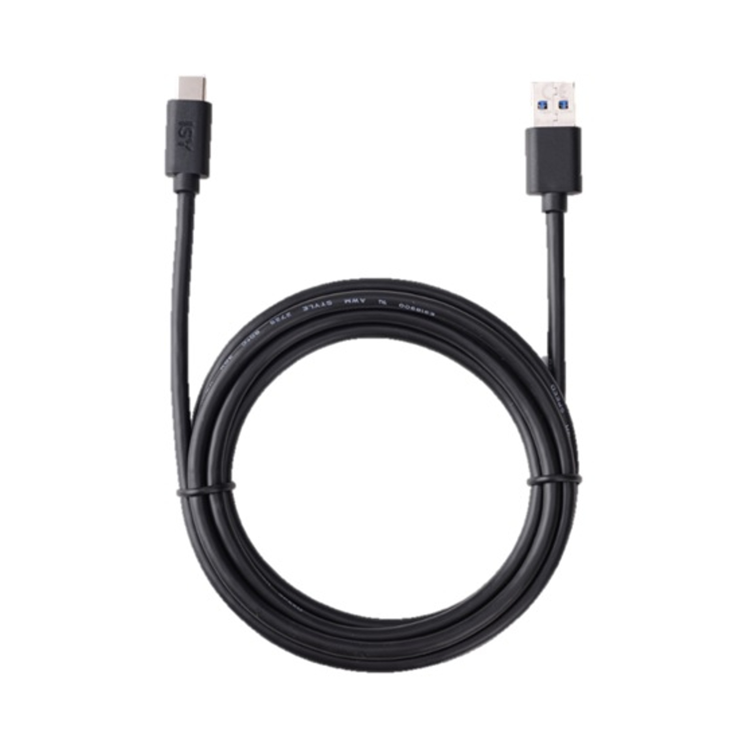 Un cavo USB nero con connettori USB-C e USB-A è arrotolato su sfondo bianco.