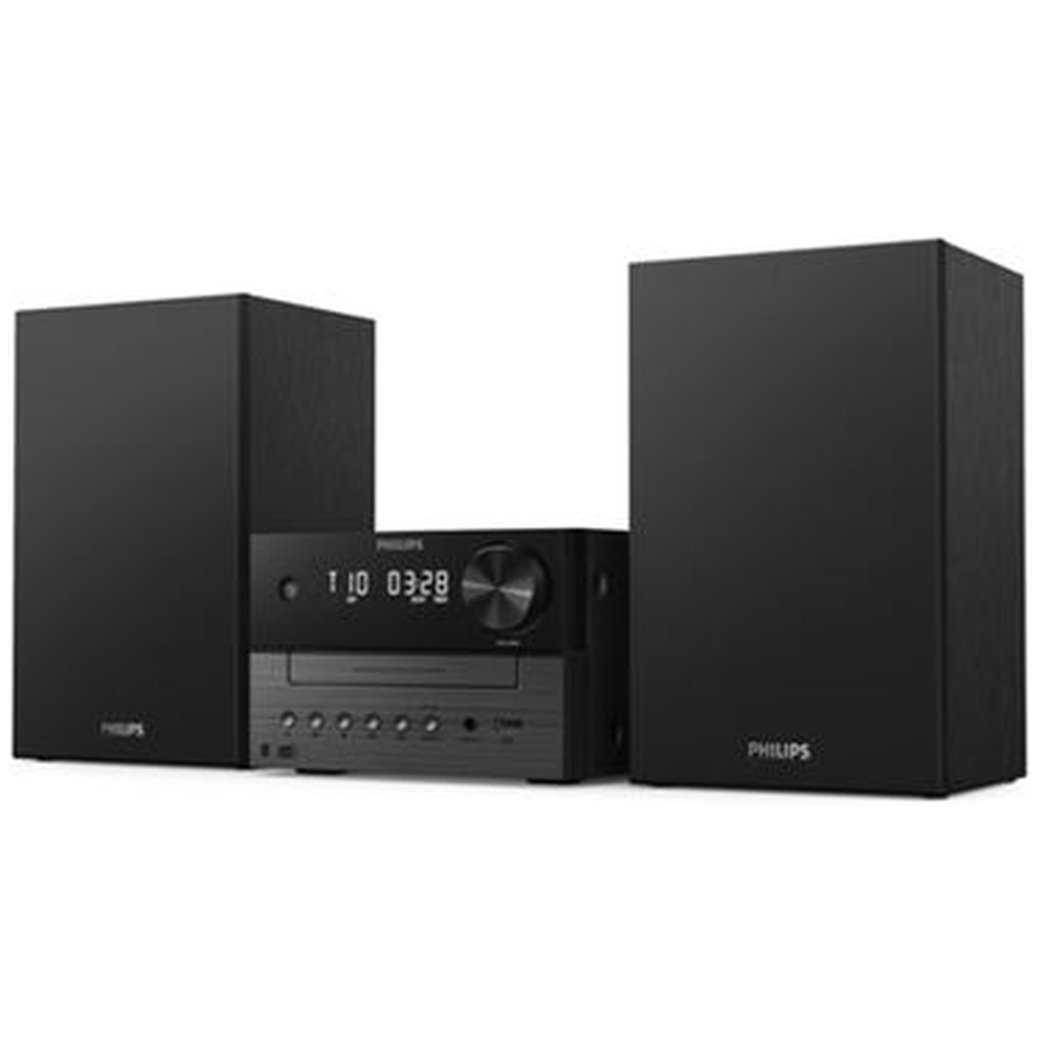 A black Philips stereo system with two speakers. The stereo has a display showing numbers. Speakers are on both sides.