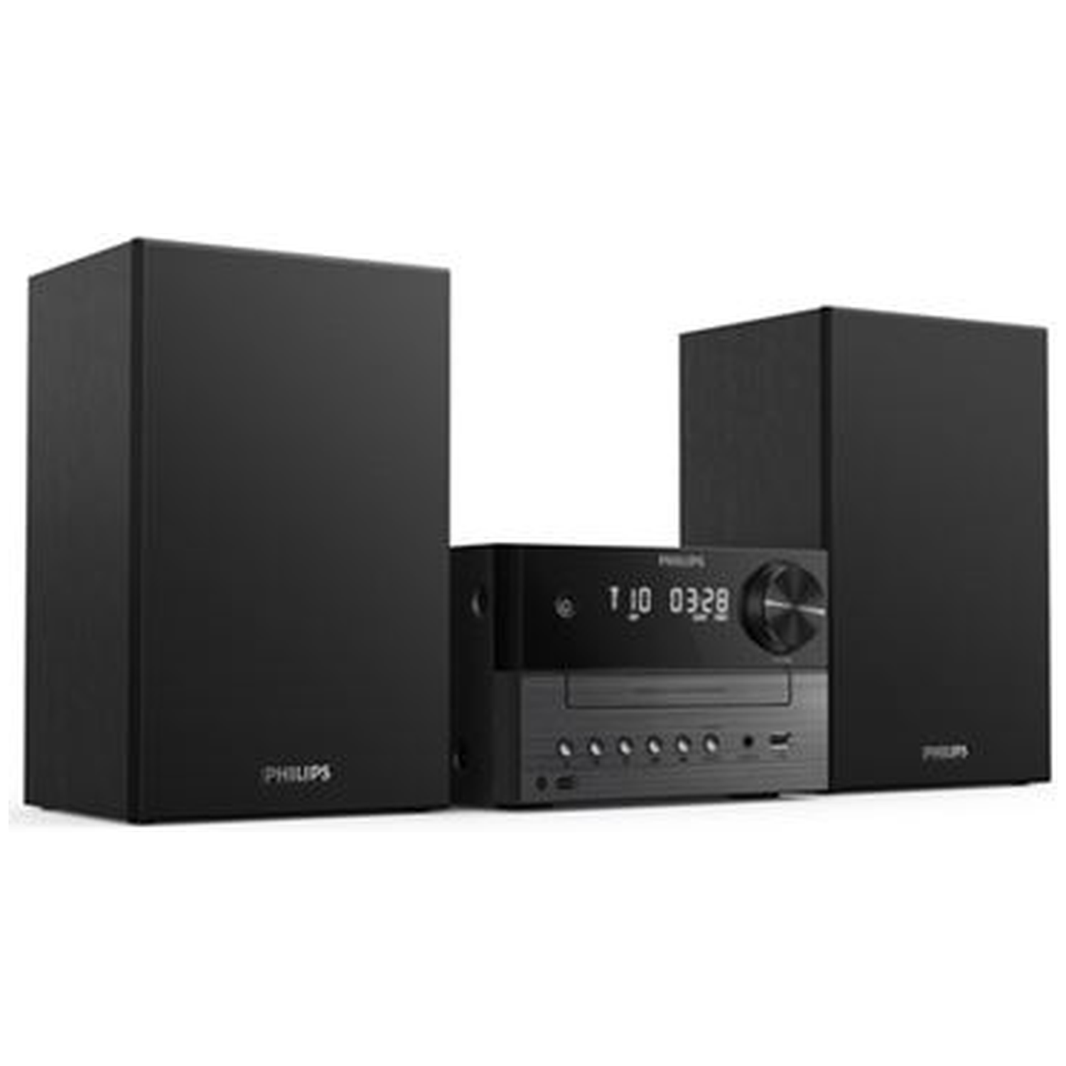A black Philips stereo system. It has two speakers on either side of the main unit. The unit displays numbers.