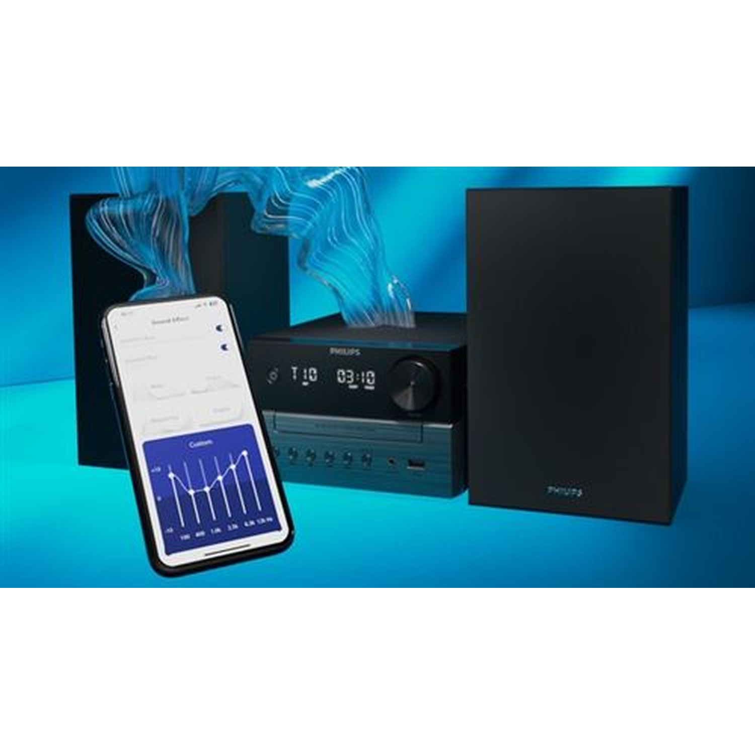 A stereo system setup with a phone displaying a graph. Includes a black speaker, a receiver, and abstract blue light effects.