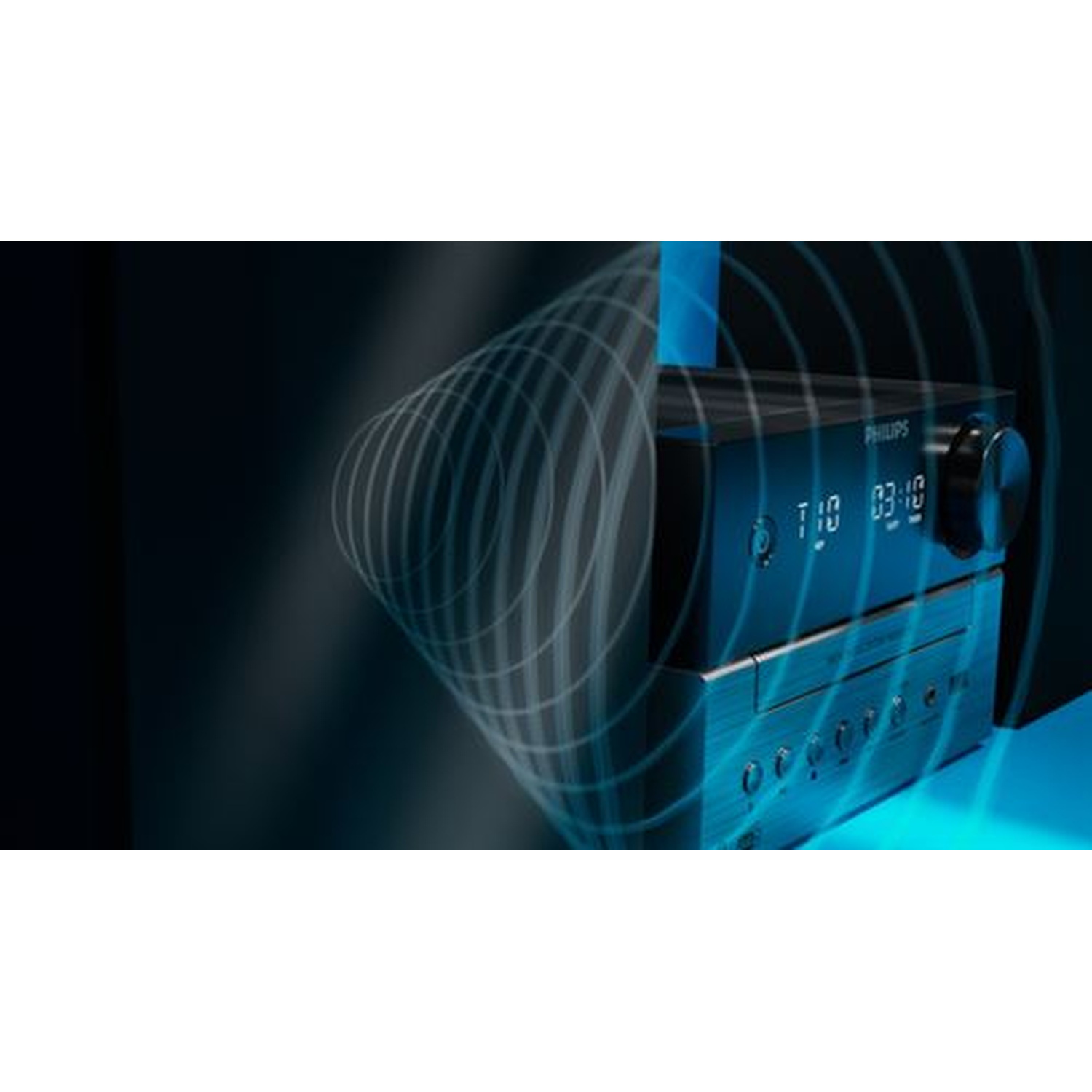 A black Philips stereo system with a blue display, and a silver bottom. Soundwaves emanate from the device against a dark blue background.