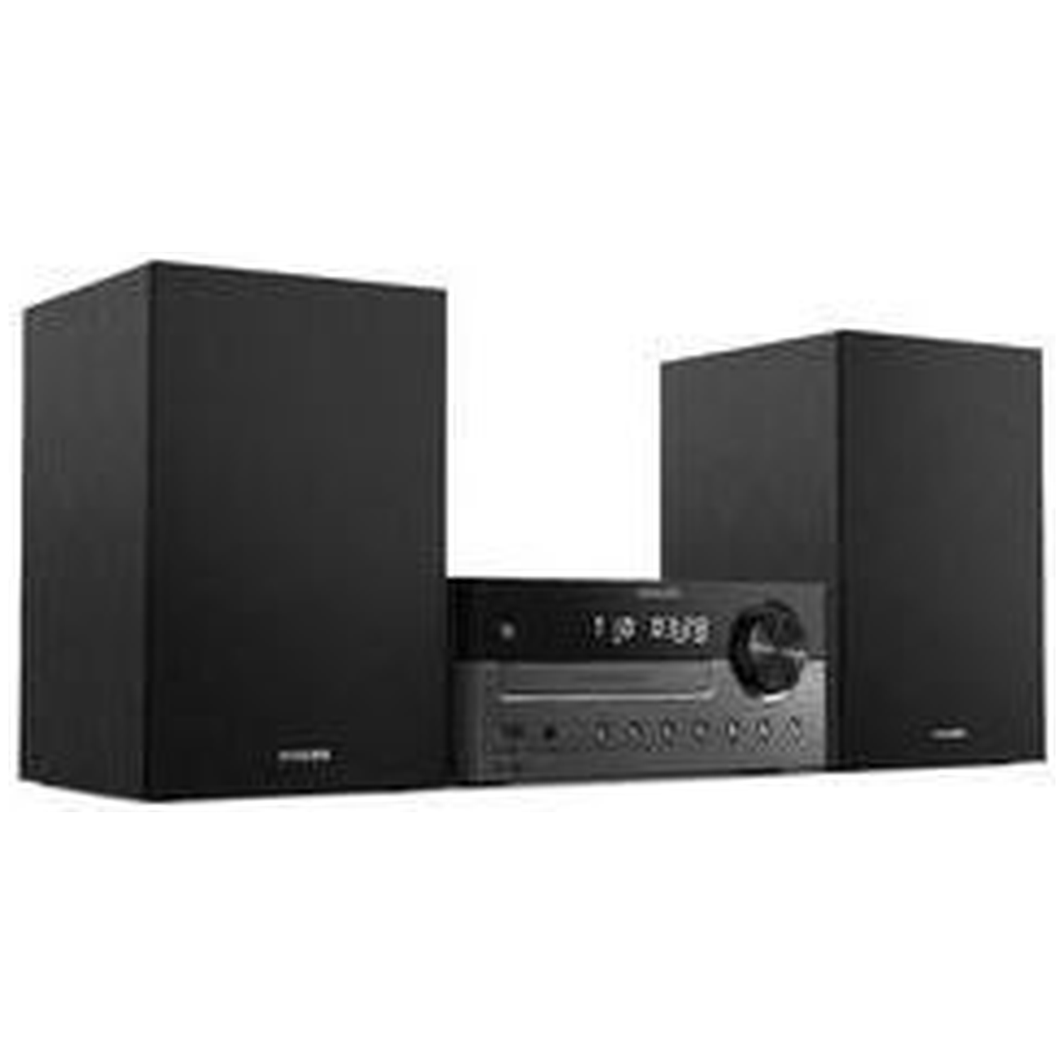 Een zwart stereosysteem met twee speakers en een centrale unit met display en knoppen op een witte achtergrond.
