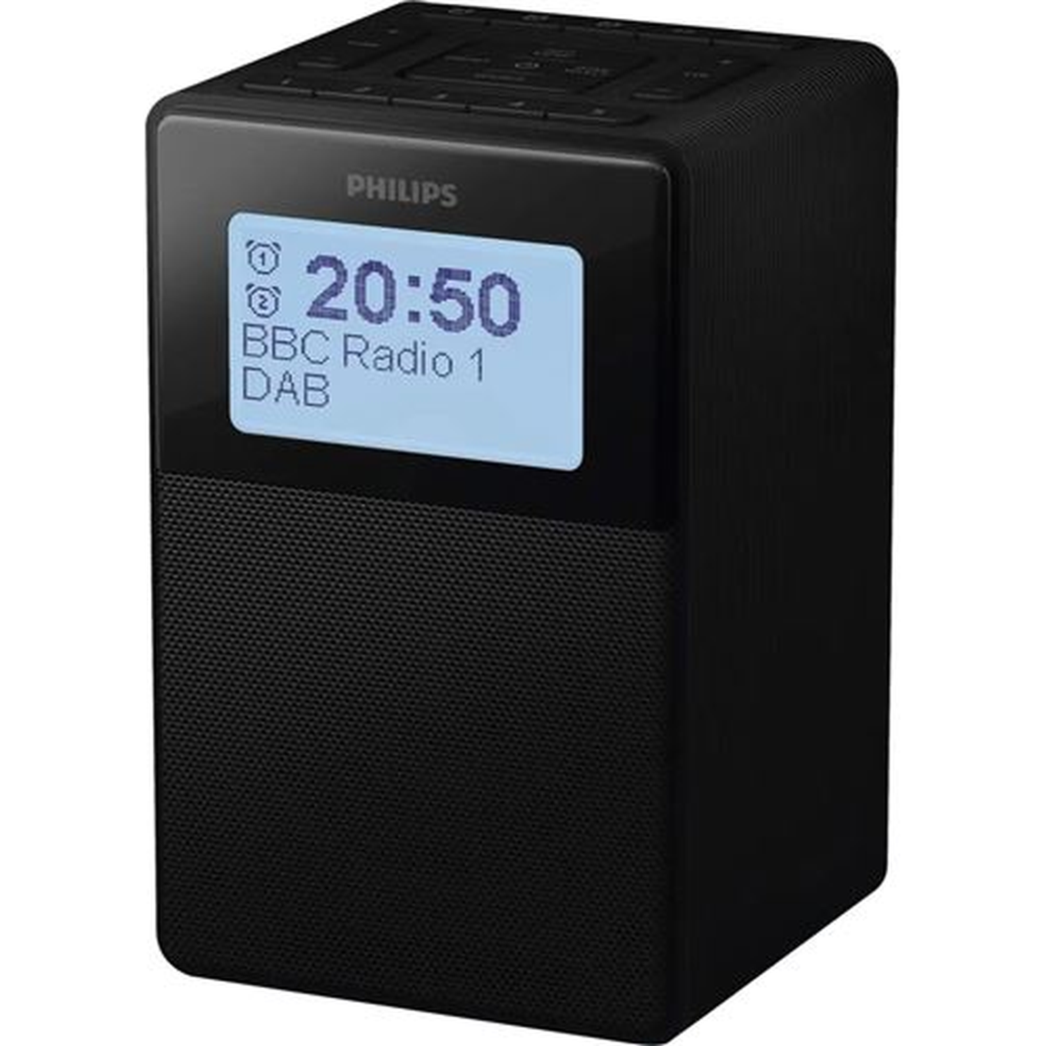 Black Philips DAB radio. Display shows time 20:50 and BBC Radio 1. The device has a speaker and control buttons on top.