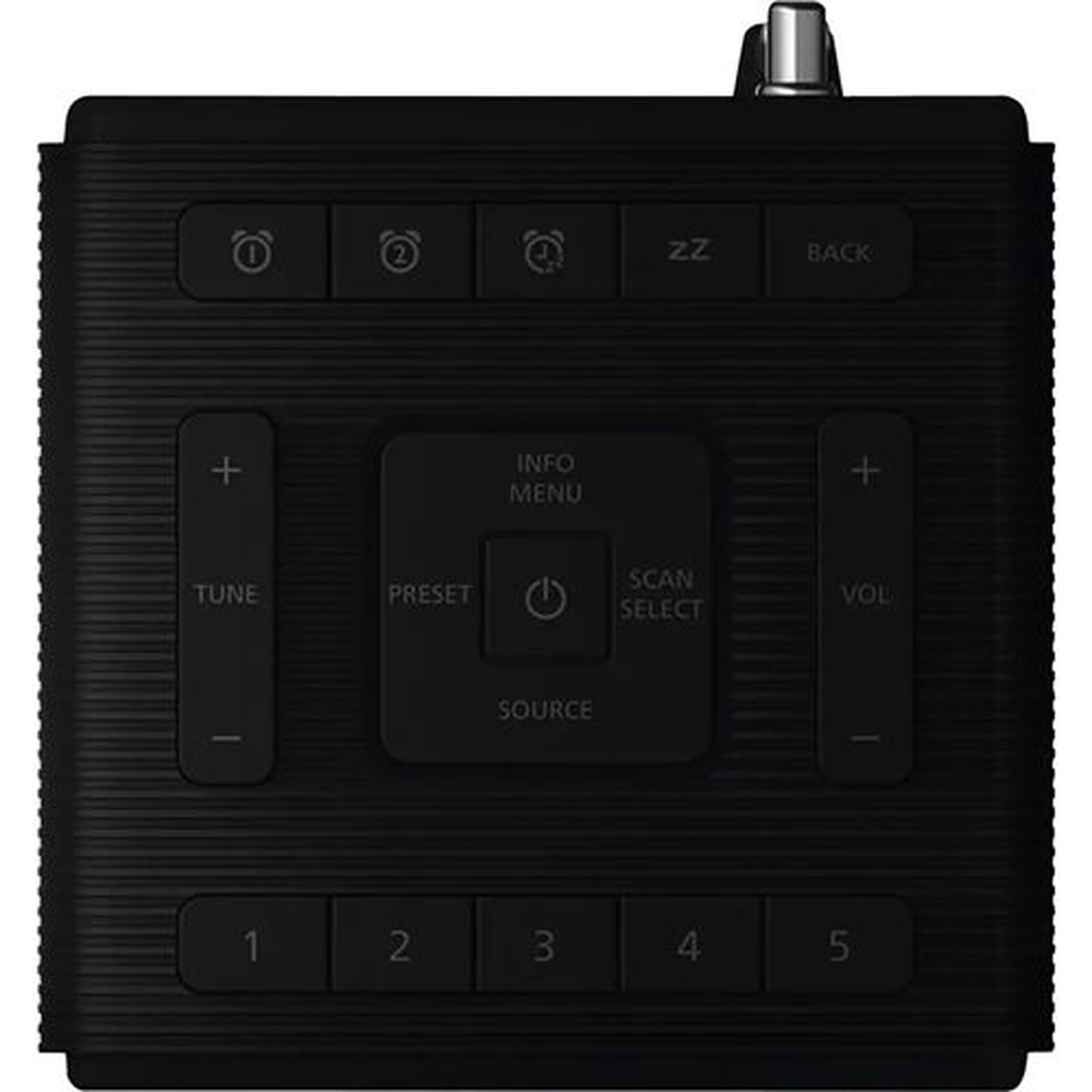 Black radio with buttons: alarm, snooze, back, tune, preset, info, scan, volume, and numbers 1-5. Silver antenna on top.