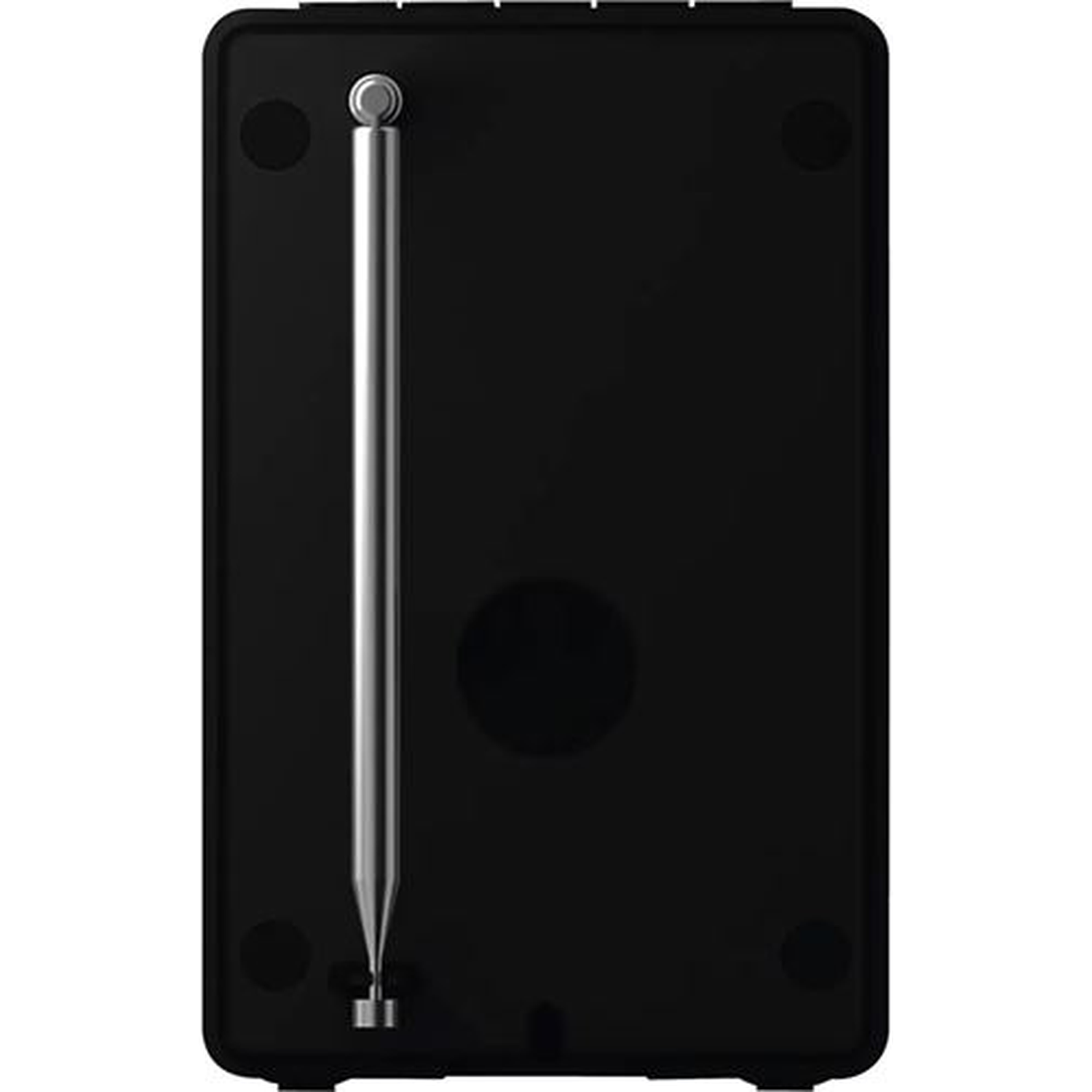 A black radio with a silver antenna. The antenna is extended. The radio has a round button and four small feet.