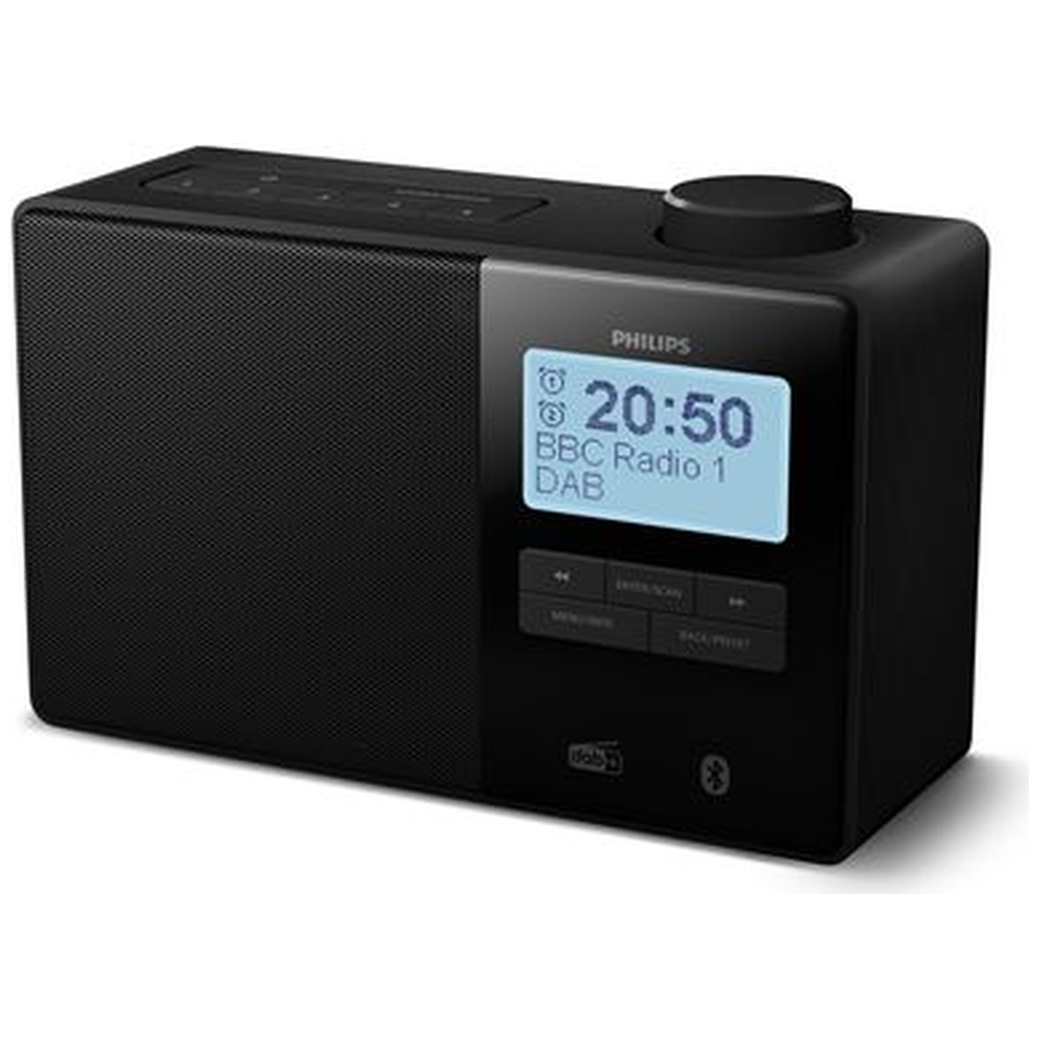 Black Philips DAB radio. It has a display showing time and radio station. It has buttons and a knob. The brand name is visible.