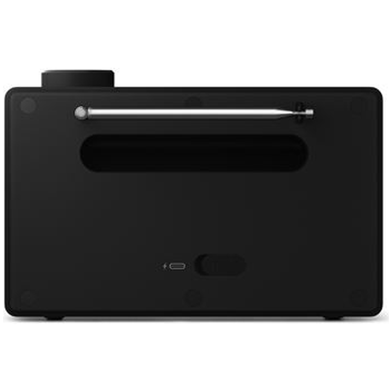 Black radio device with antenna. Features a round knob on top and rectangular slot, a USB port, and a power switch.