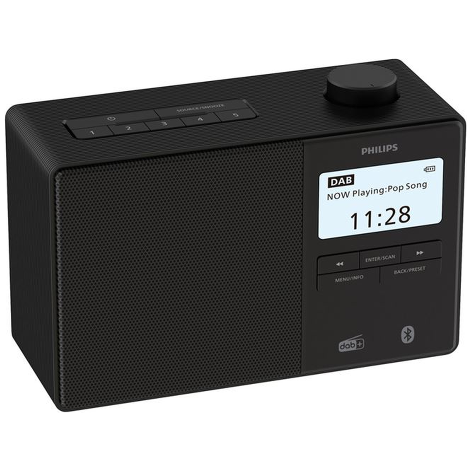 Black Philips DAB radio. Screen displays 'NOW Playing:Pop Song' and time. Buttons and a knob are visible.