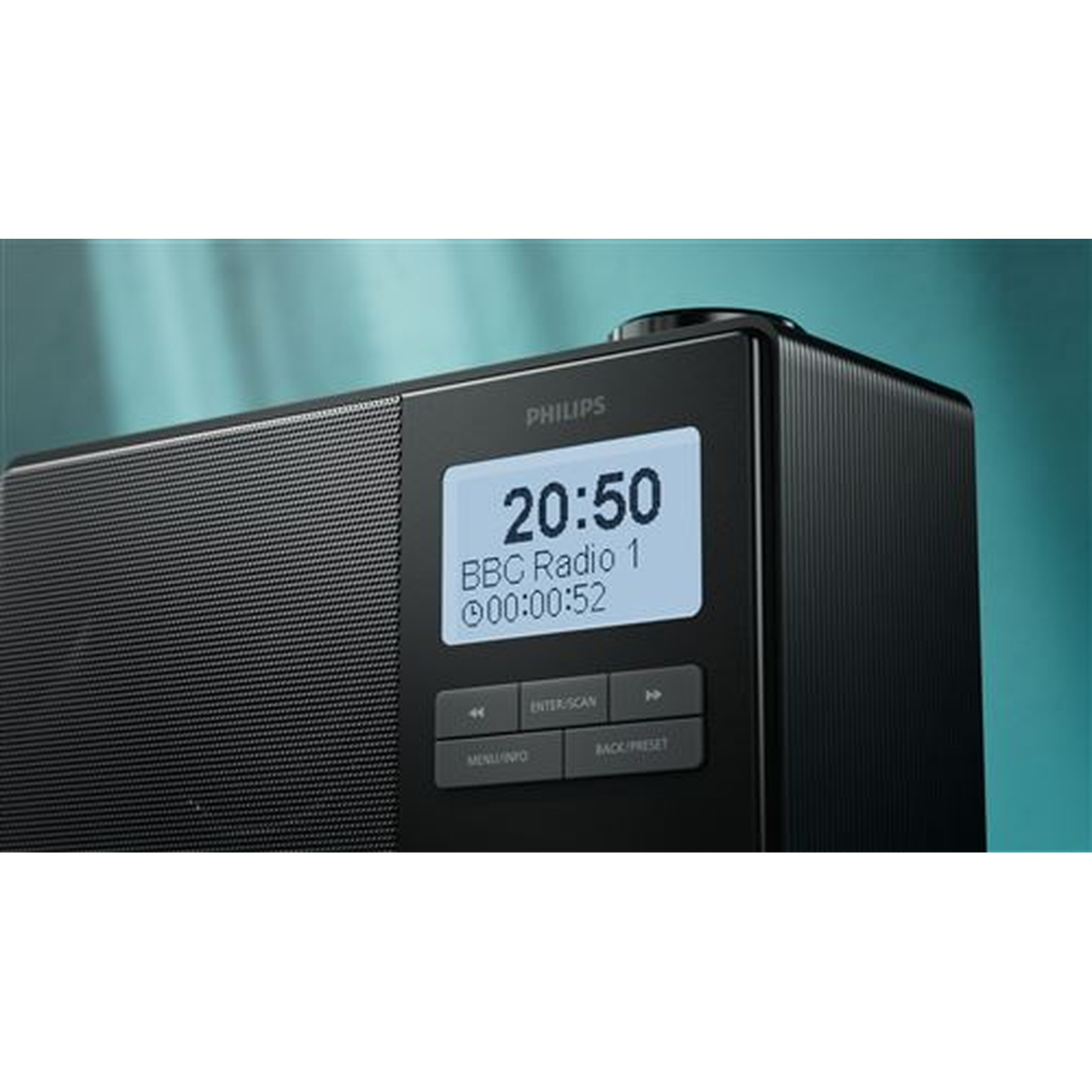 A black Philips radio displays 20:50 and BBC Radio 1. Buttons below the screen say Menu/Info, Enter/Scan, and Back/Preset.