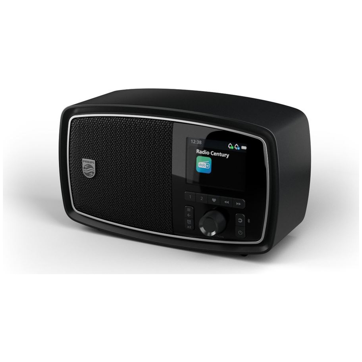 Black Philips radio with a screen displaying 'Radio Century'. It has buttons and a dial, on a white surface.