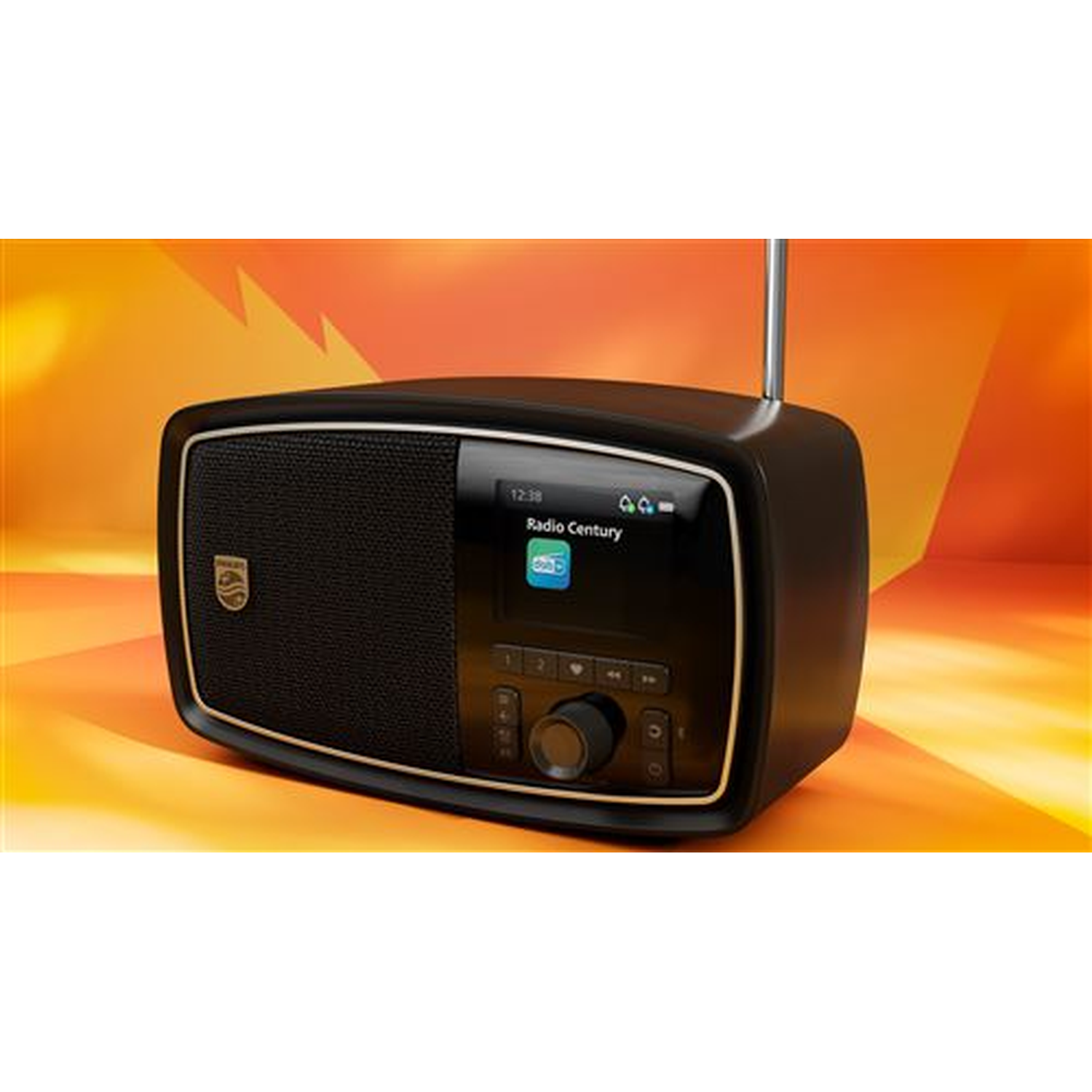 A black Philips radio with a screen displaying time and station information. It has a gold trim and antenna, on an orange background.