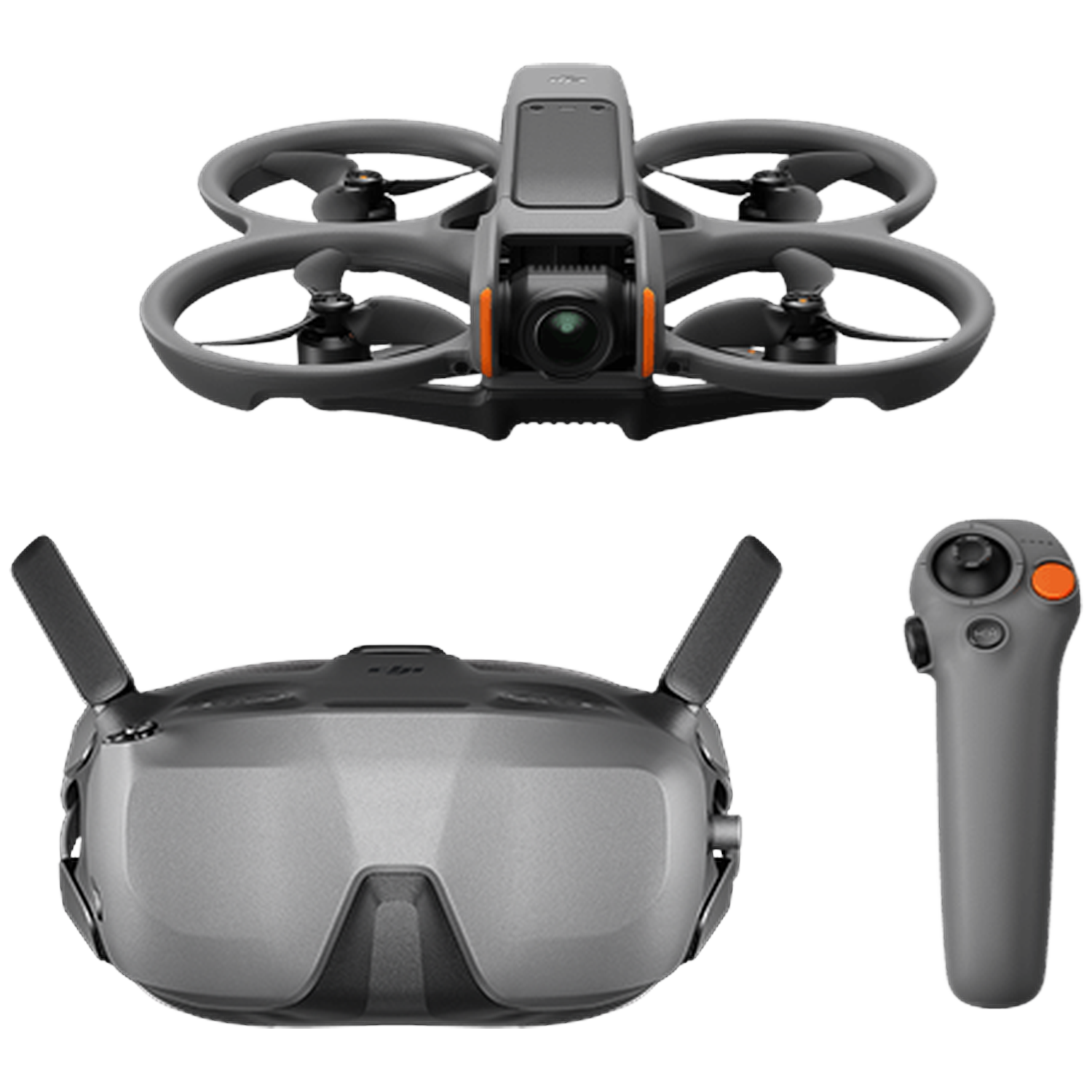 Drone, lunettes et contrôleur. Le drone est gris avec des accents orange, les lunettes sont grises et le contrôleur est gris avec un bouton orange.