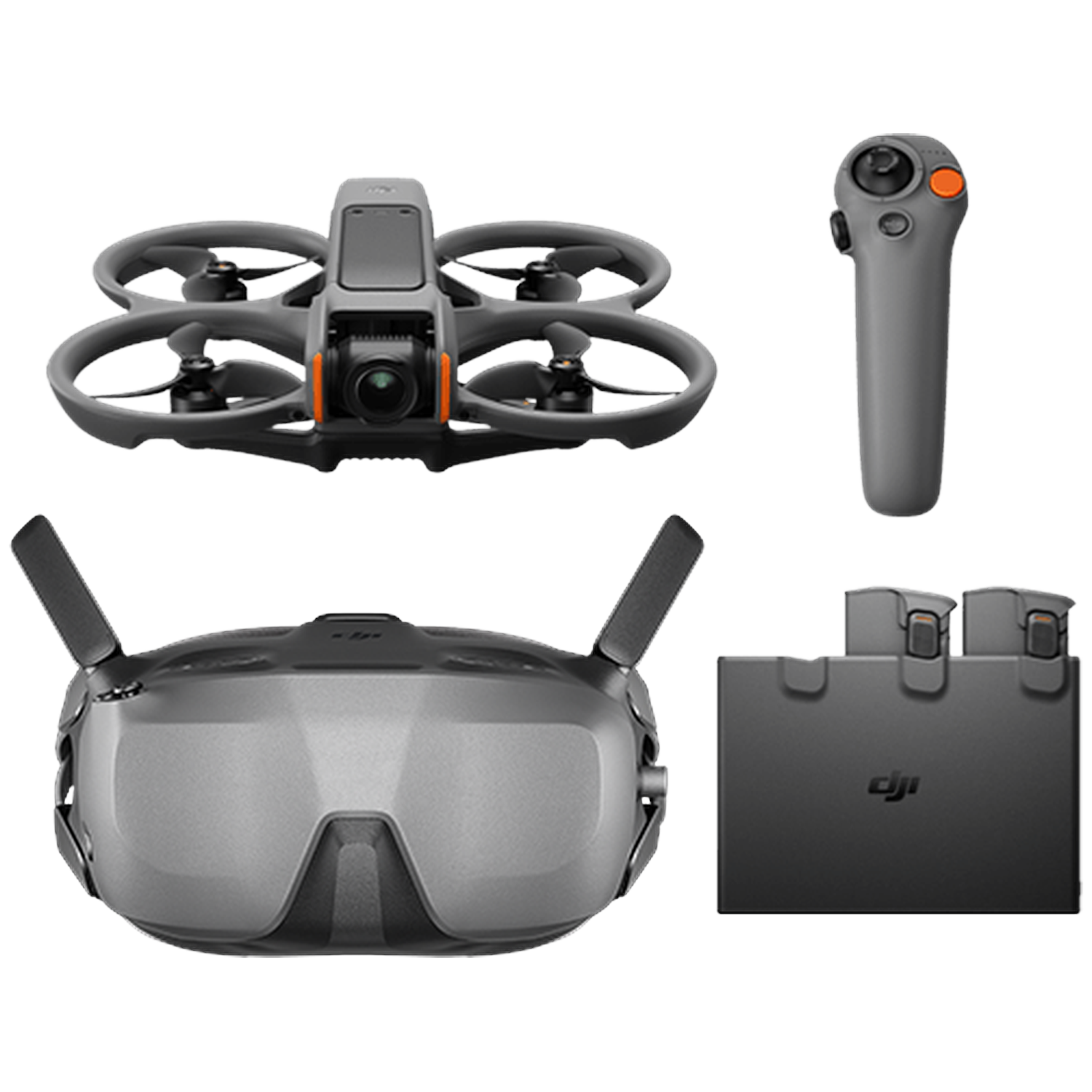 Drone, afstandsbediening, bril en oplaadstation. De drone is grijs met oranje accenten, de afstandsbediening is grijs, de bril is grijs en het station is zwart.