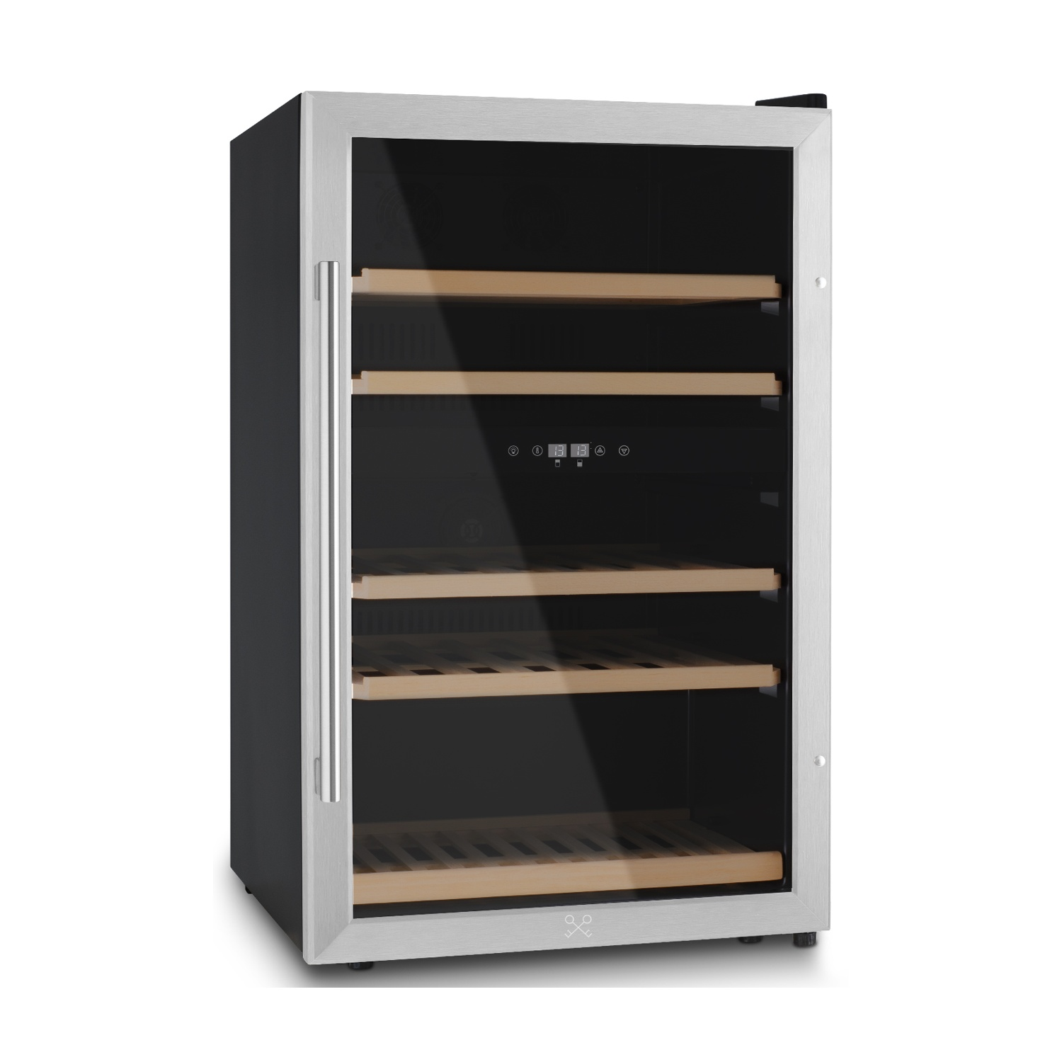 Un refrigeratore per vino con cornice in acciaio inossidabile e porta a vetro, che rivela ripiani in legno. L'interno è scuro.