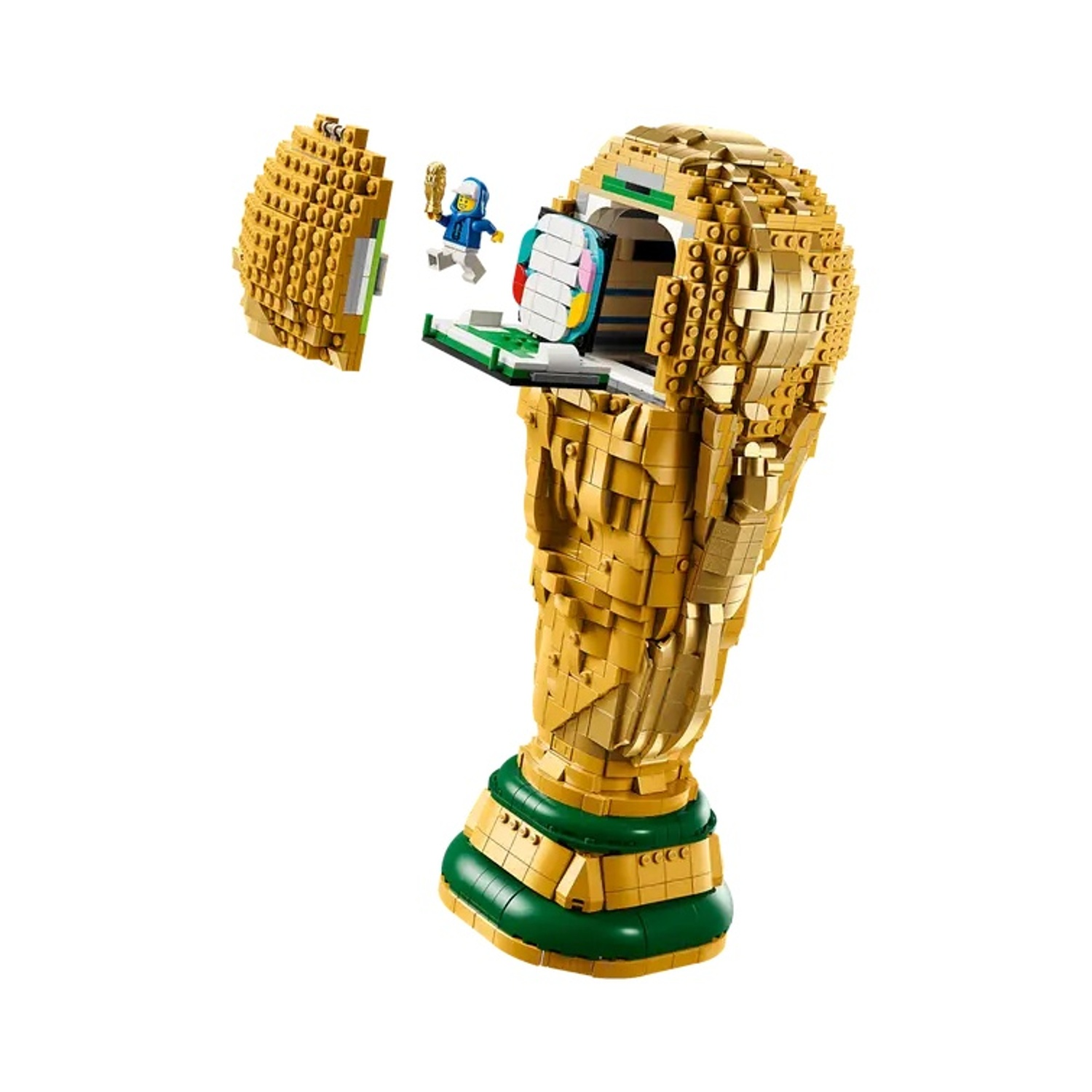 Un trofeo Lego con una figura che salta fuori. Il trofeo è dorato con base verde. La figura ha una giacca blu e un trofeo d'oro.