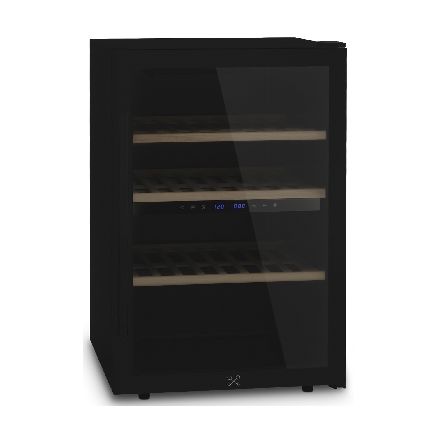 Un refrigeratore per vino nero con porta a vetro, ripiani in legno e display digitale, su sfondo bianco.