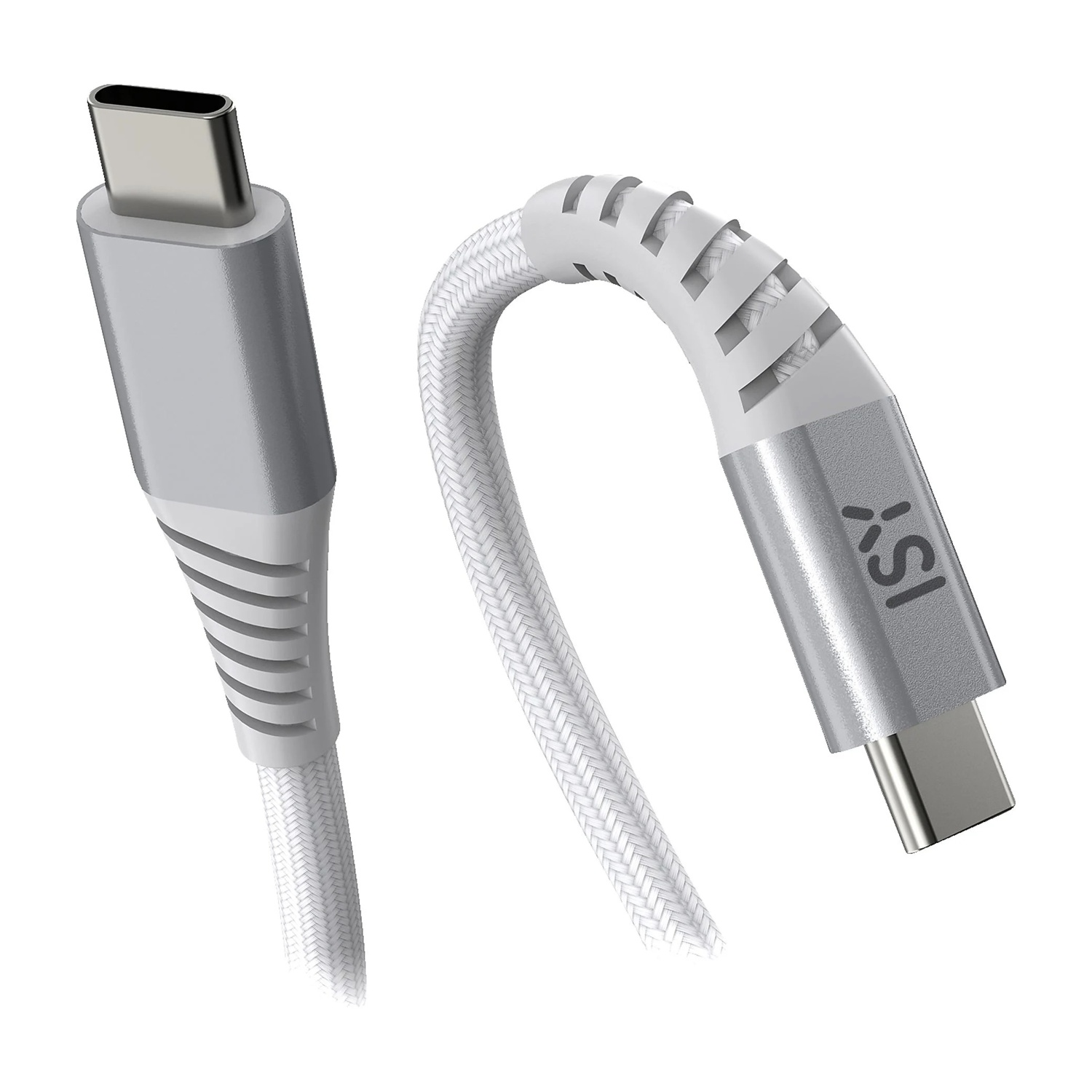 Un cavo USB-C bianco e argento. Il cavo ha un design intrecciato. I connettori sono argentati e a forma di USB-C.