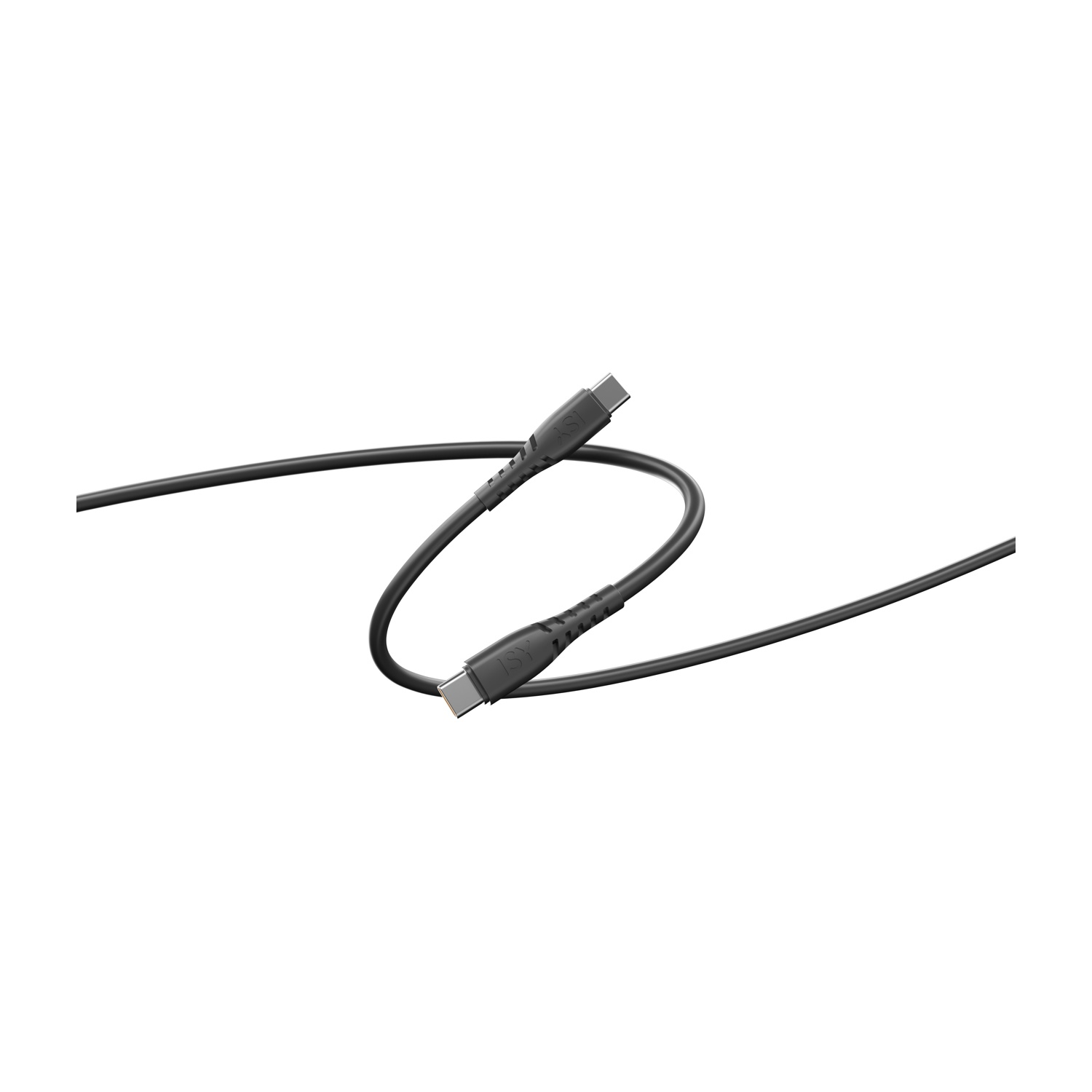 Un cavo USB-C nero è arricciato e appoggiato su uno sfondo bianco. Il cavo ha due connettori.