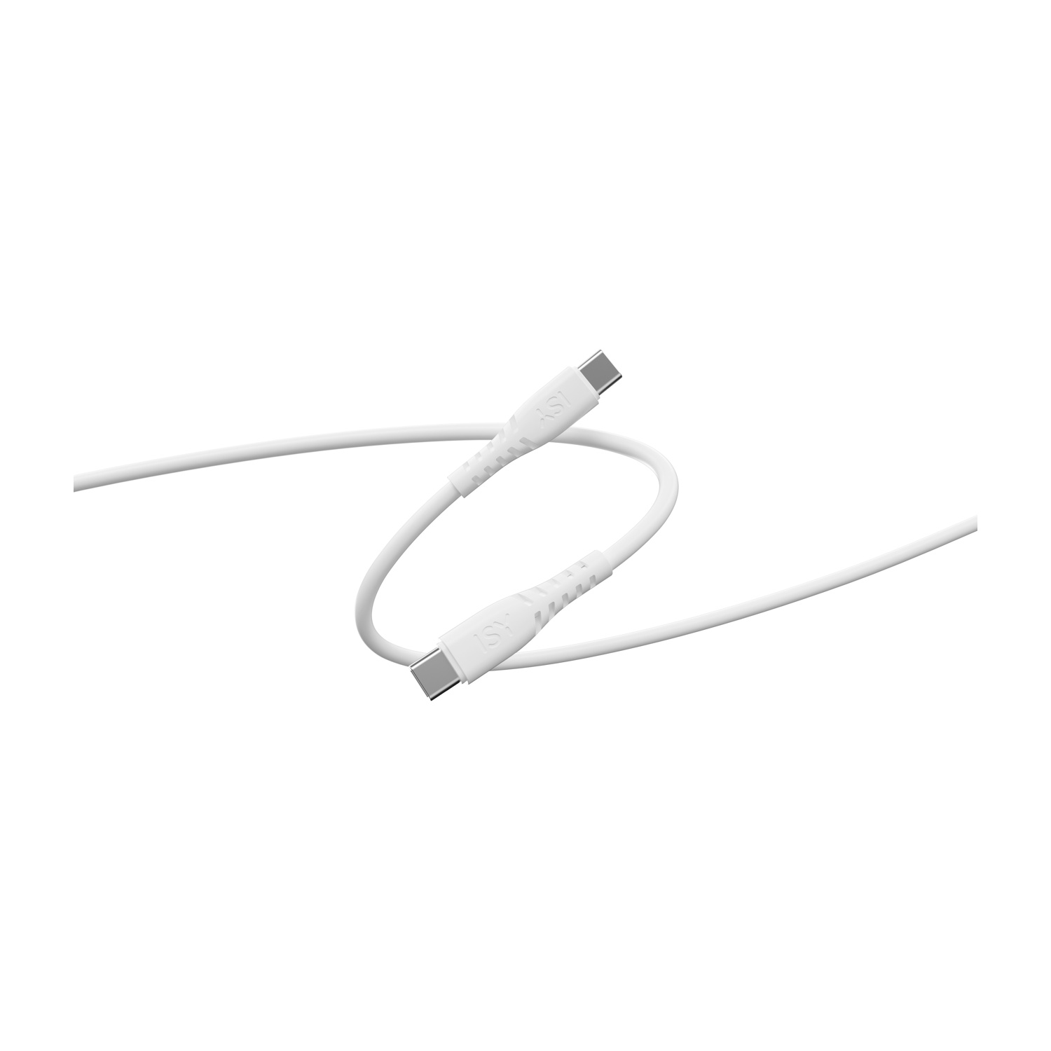 Un cavo USB-C bianco su sfondo bianco. Il cavo ha due connettori USB-C e il logo 'ISY' su entrambi i connettori.