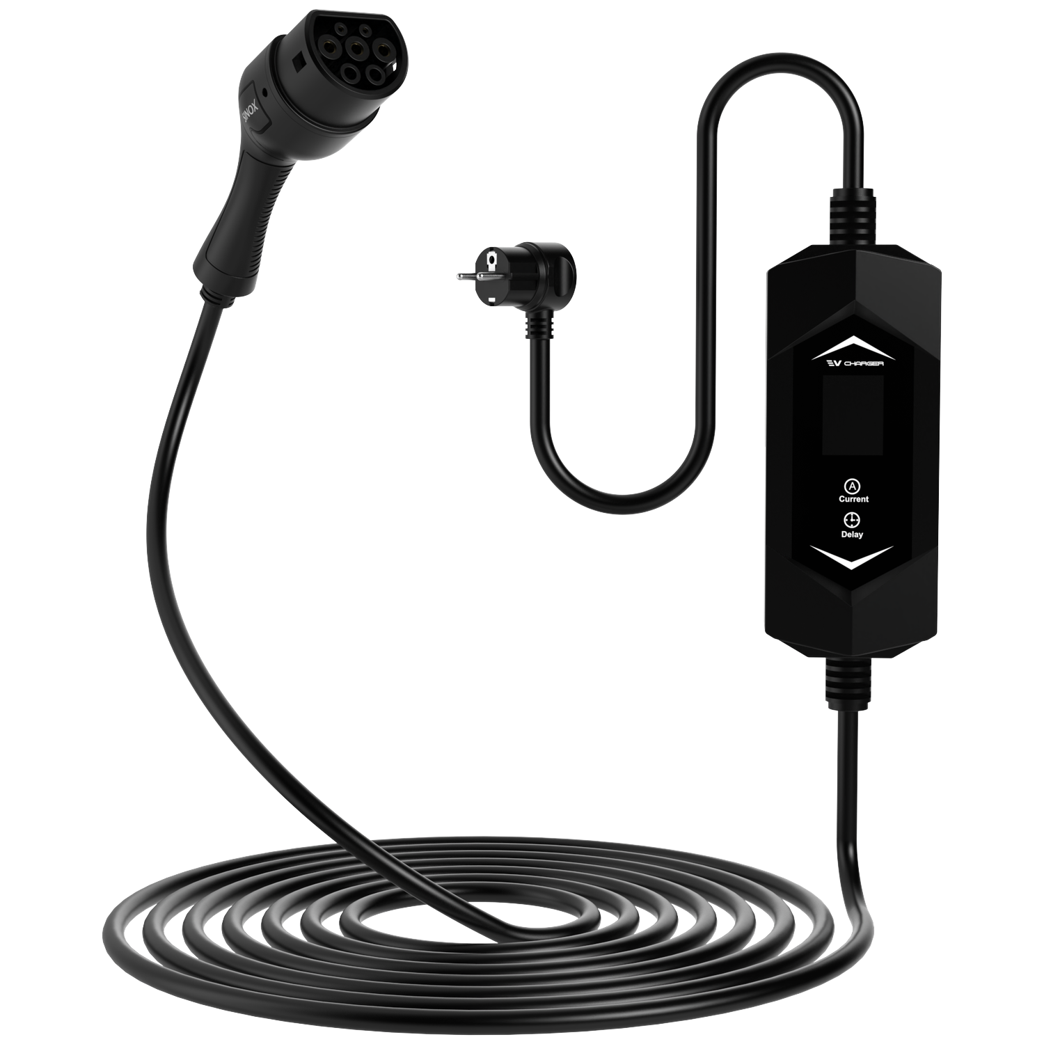 Chargeur VE noir avec câble enroulé, connecteur et boîtier de commande avec écran et boutons, sur fond blanc.
