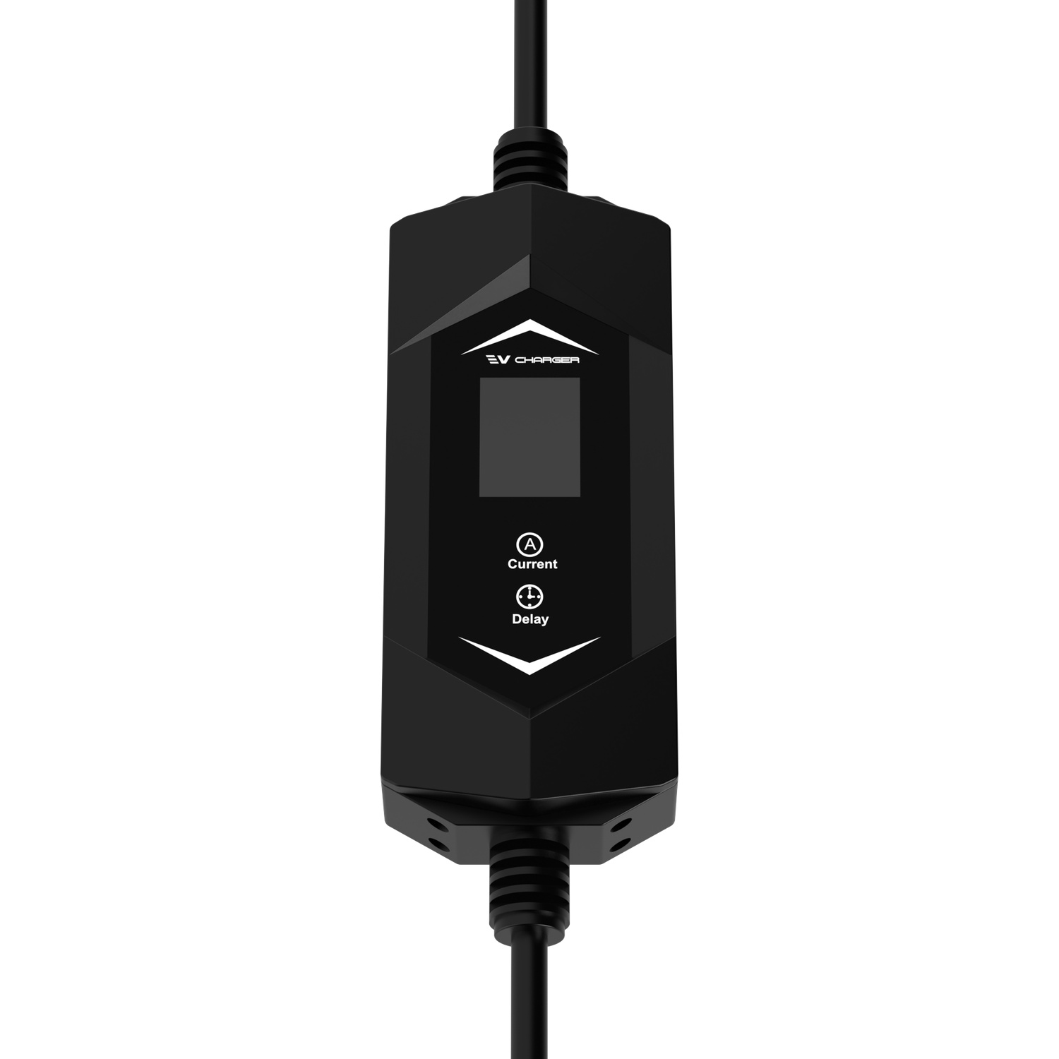 Un chargeur de véhicule électrique noir avec un écran affichant 'Current' et 'Delay'. Il a des câbles aux deux extrémités. Le fond est blanc.